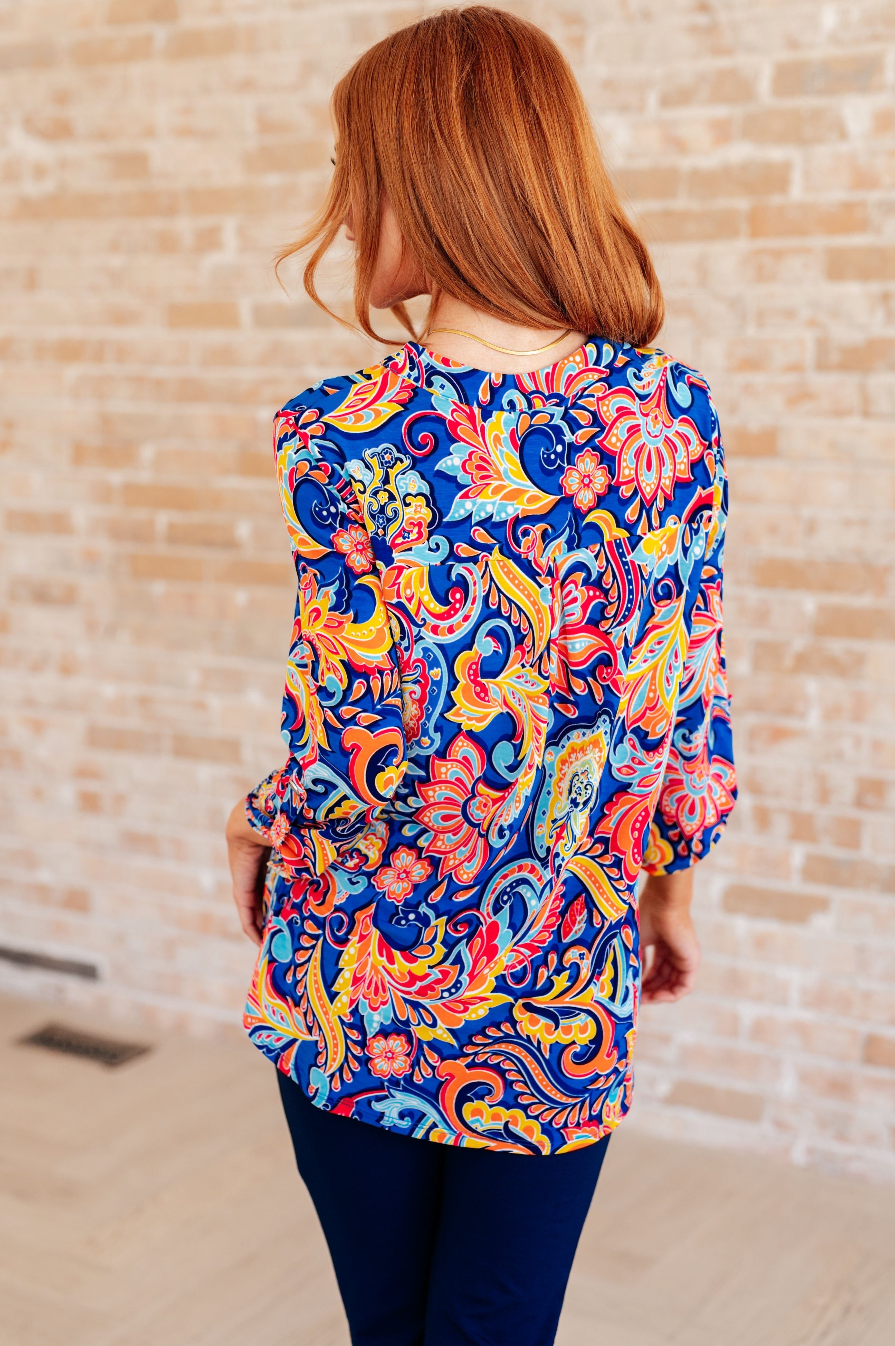 Lizzy Top in Royal and Orange Paisley-Tops-Stay Foxy Boutique, Florissant, Missouri