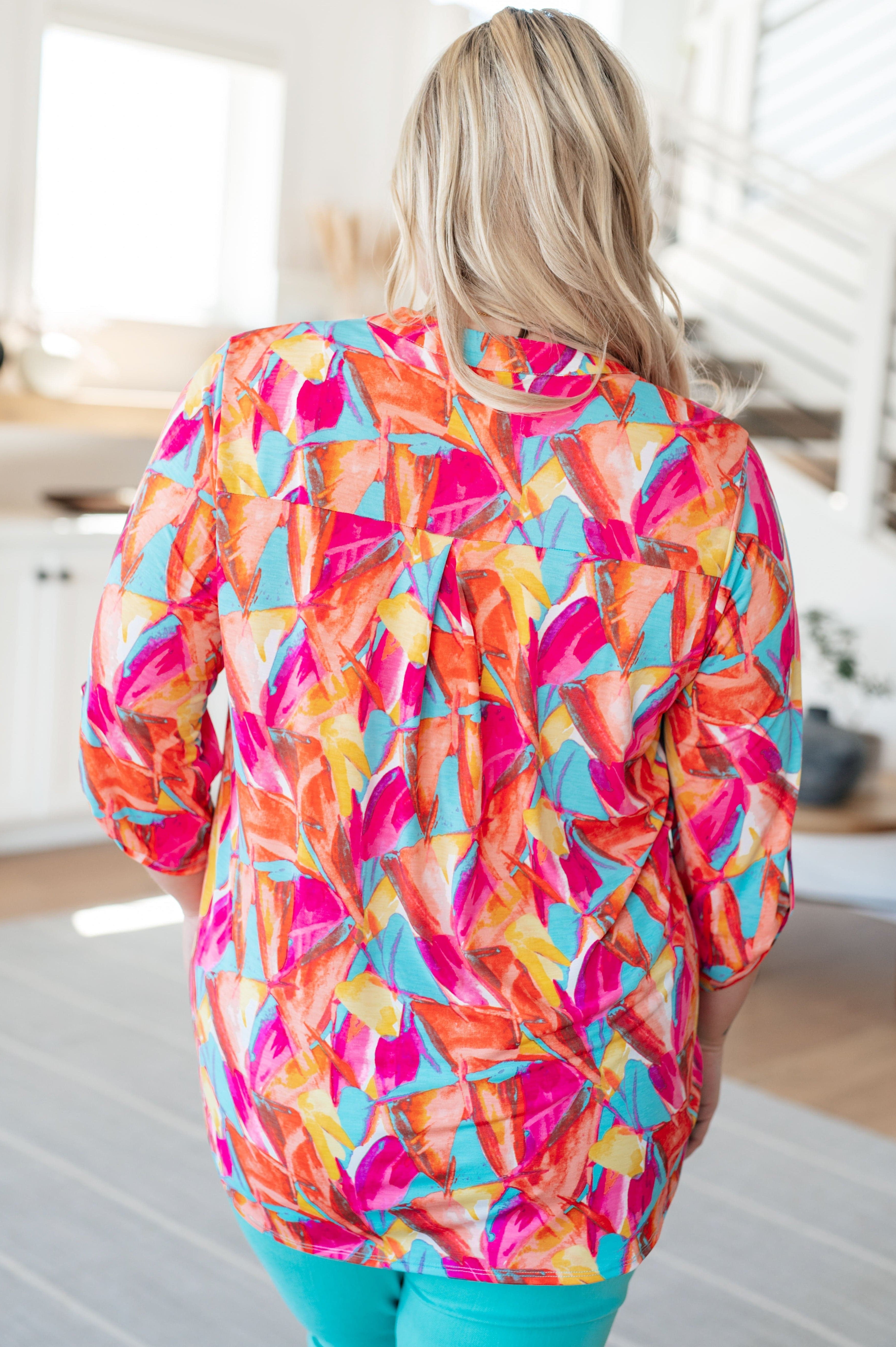 Lizzy Top in Teal and Hot Pink Abstract Fans-Tops-Stay Foxy Boutique, Florissant, Missouri