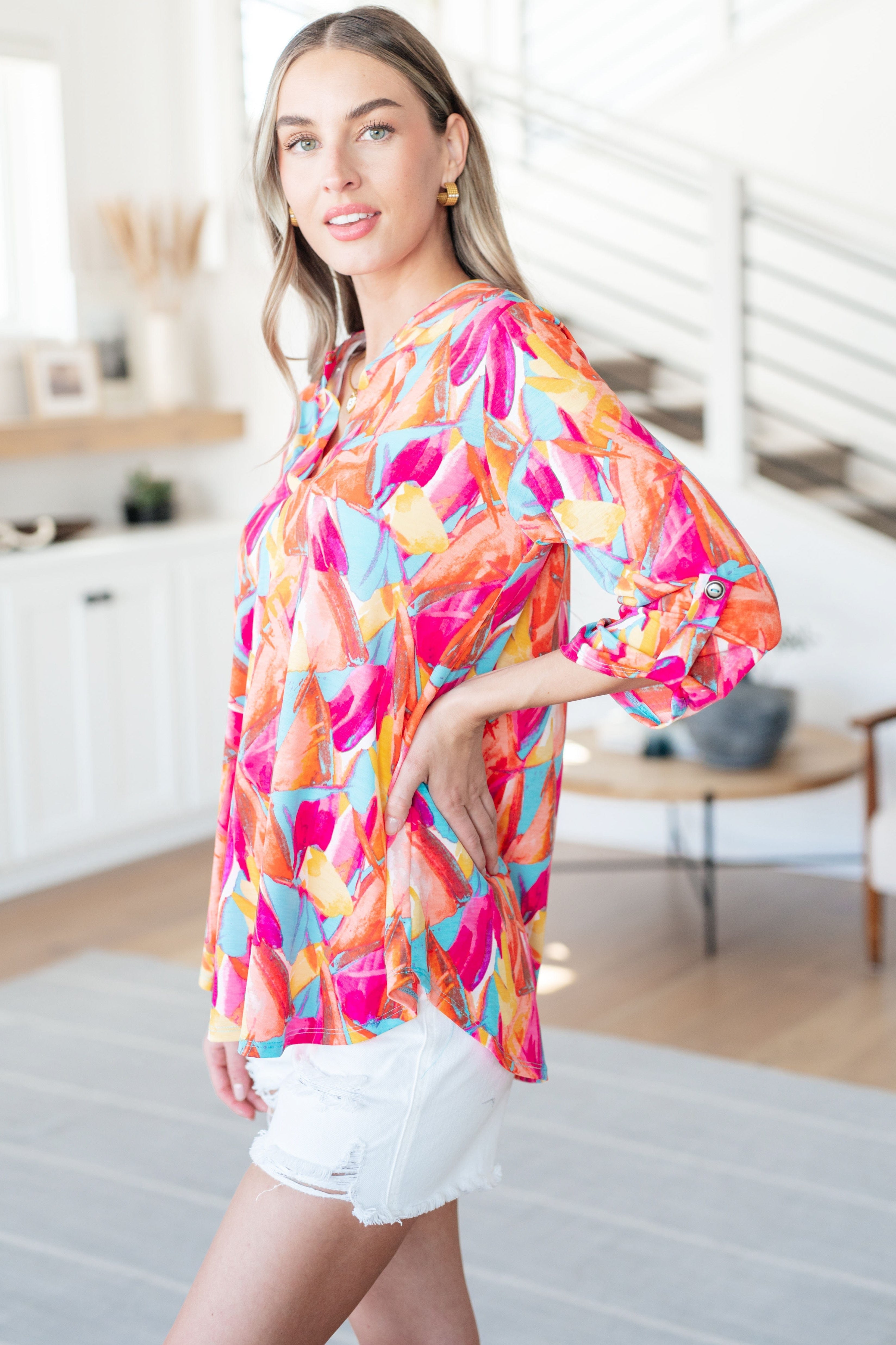 Lizzy Top in Teal and Hot Pink Abstract Fans-Tops-Stay Foxy Boutique, Florissant, Missouri