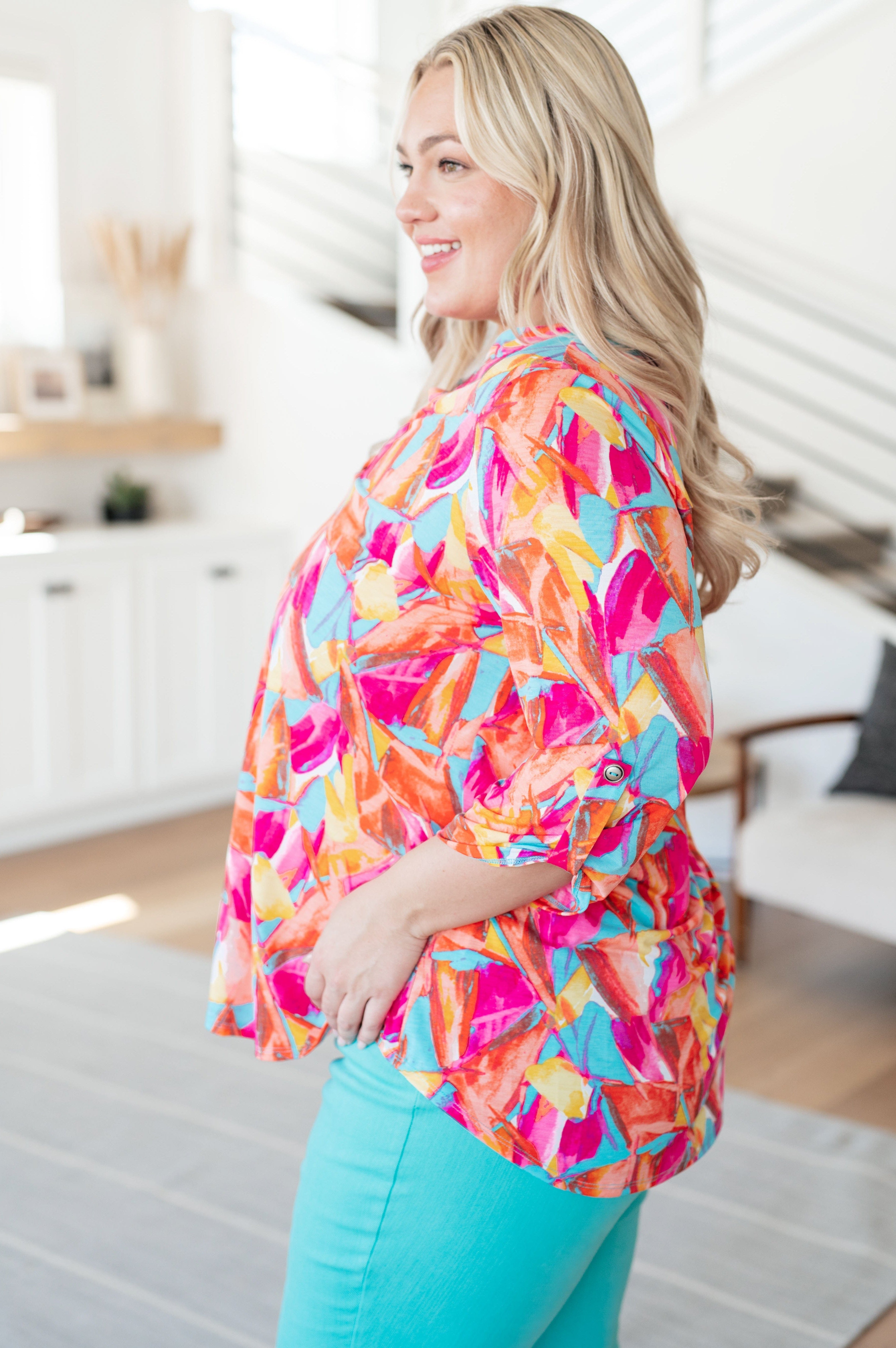 Lizzy Top in Teal and Hot Pink Abstract Fans-Tops-Stay Foxy Boutique, Florissant, Missouri