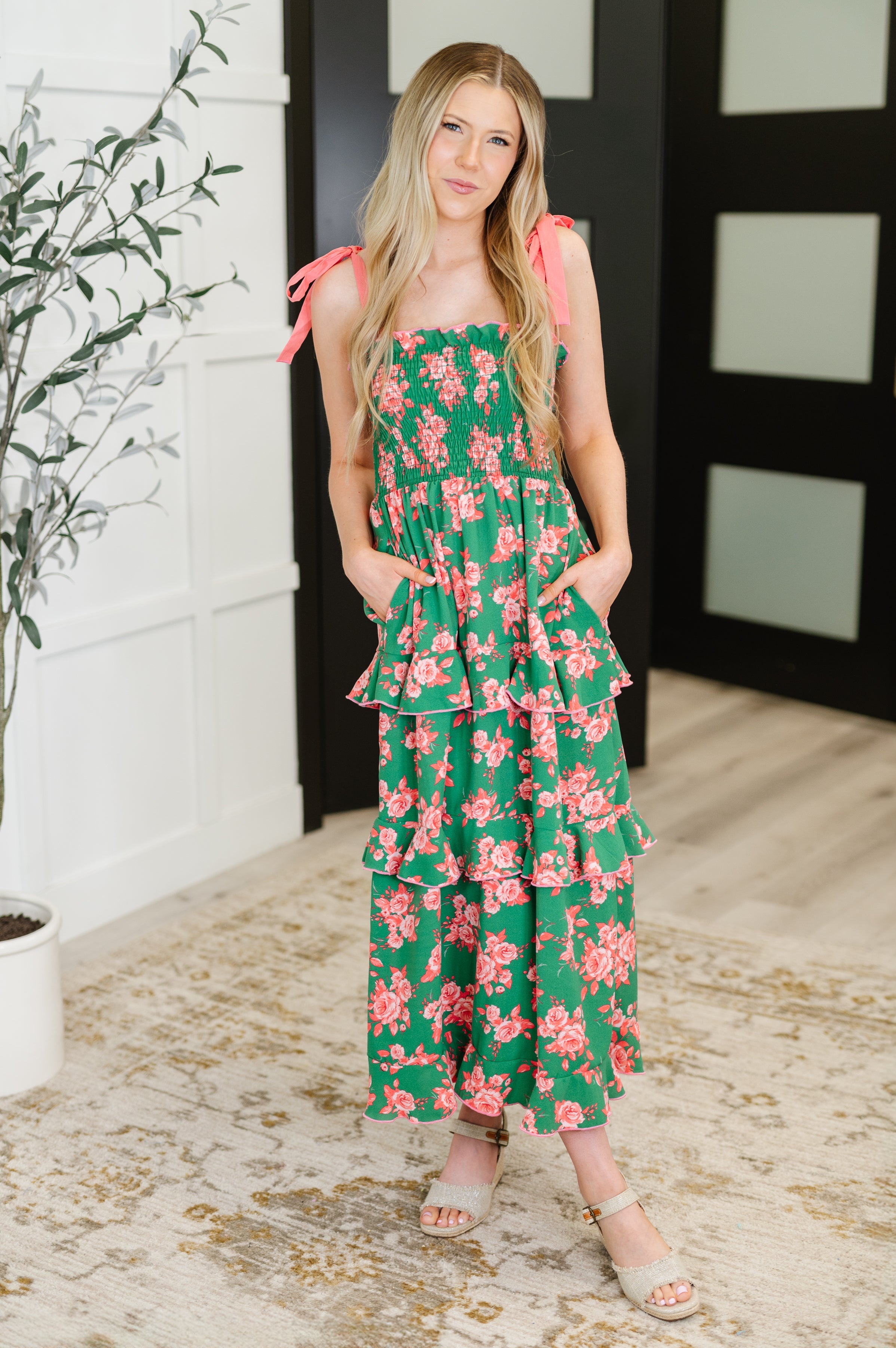 Low Effort, High Impact Tiered Dress in Green/Coral-Womens-Stay Foxy Boutique, Florissant, Missouri