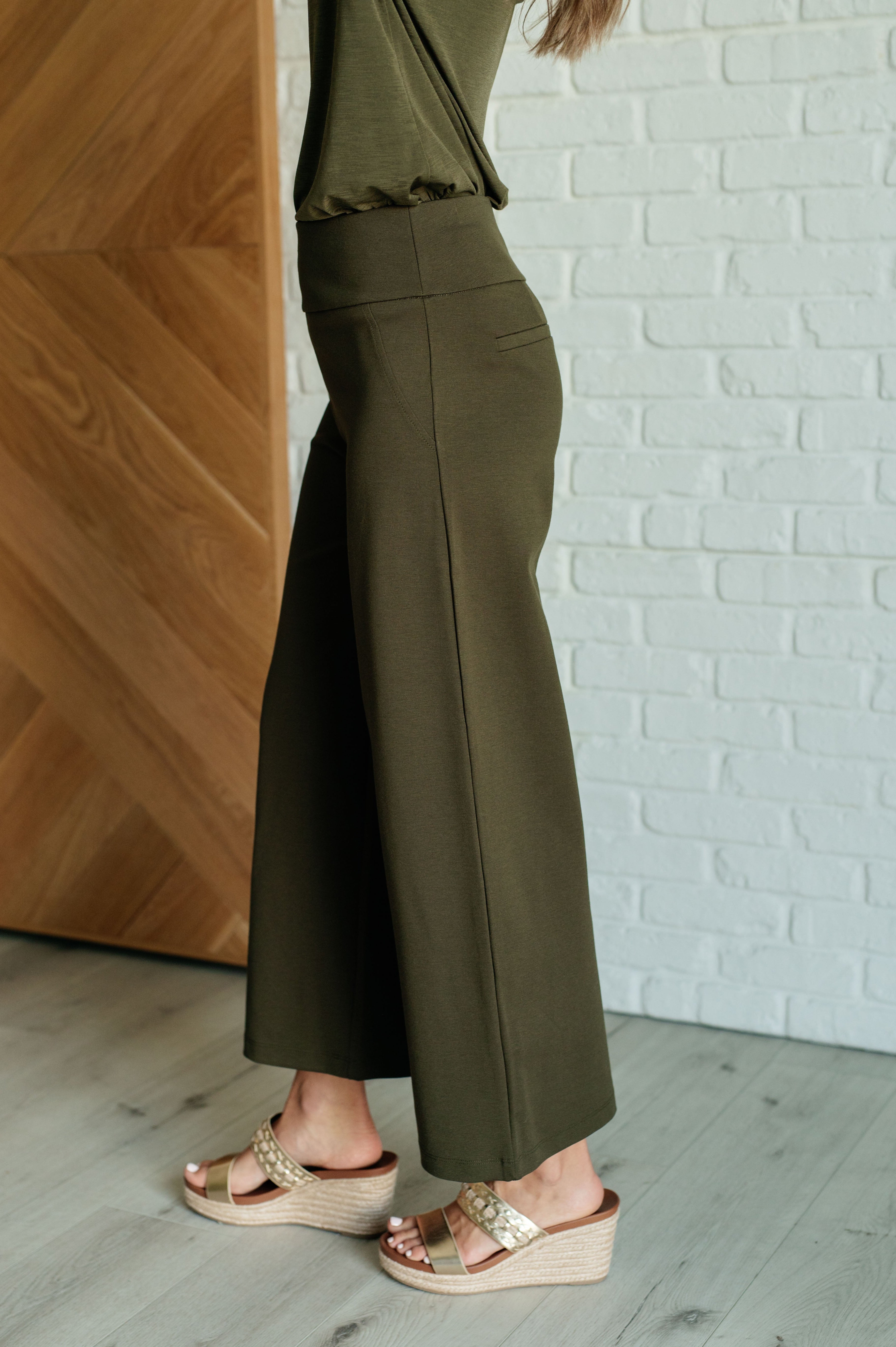 Magic Wide Leg Crop Pants in Olive-Bottoms-Stay Foxy Boutique, Florissant, Missouri