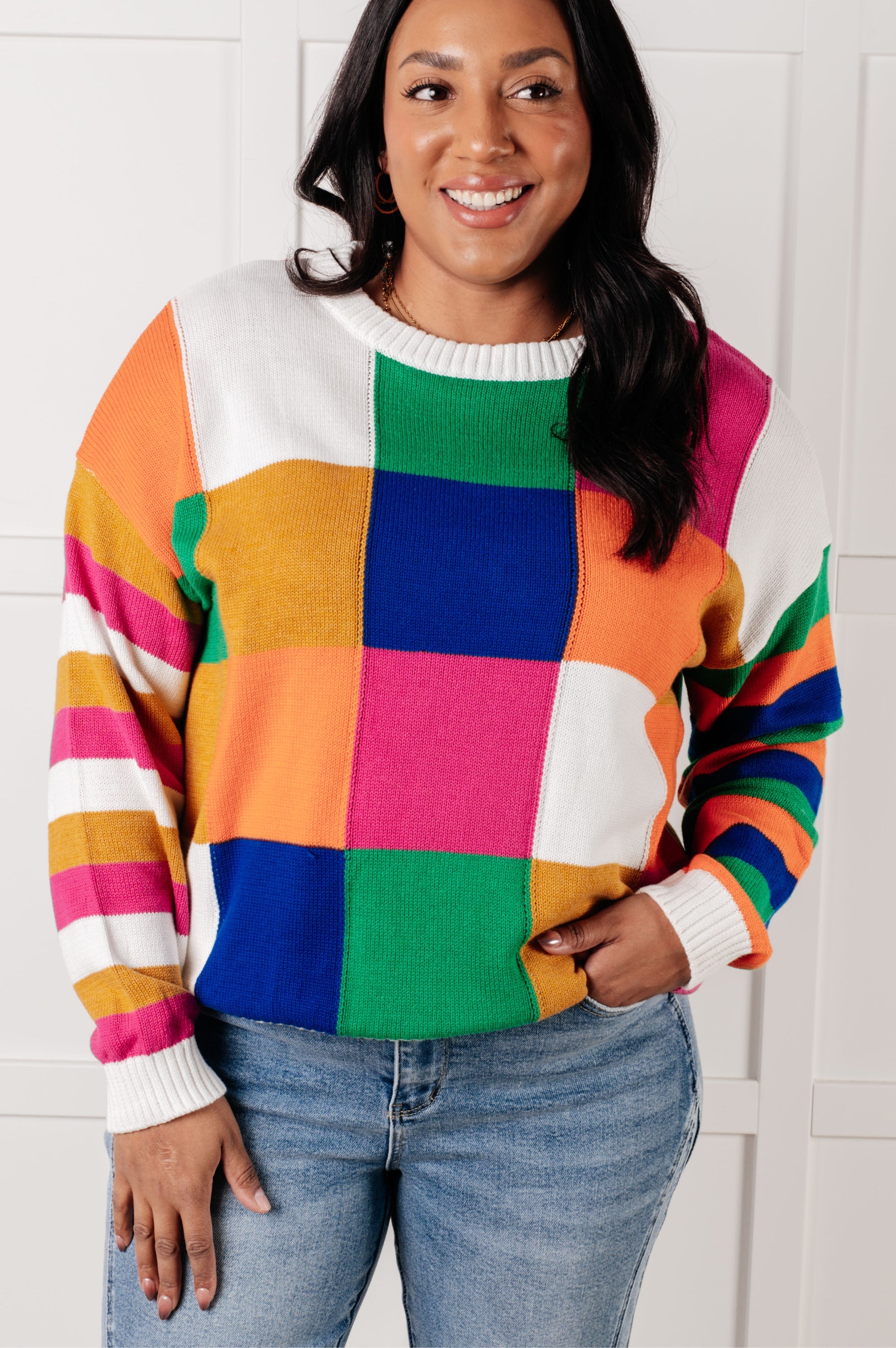 Manifesting Moment Checkered Color Block Sweater-Tops-Stay Foxy Boutique, Florissant, Missouri