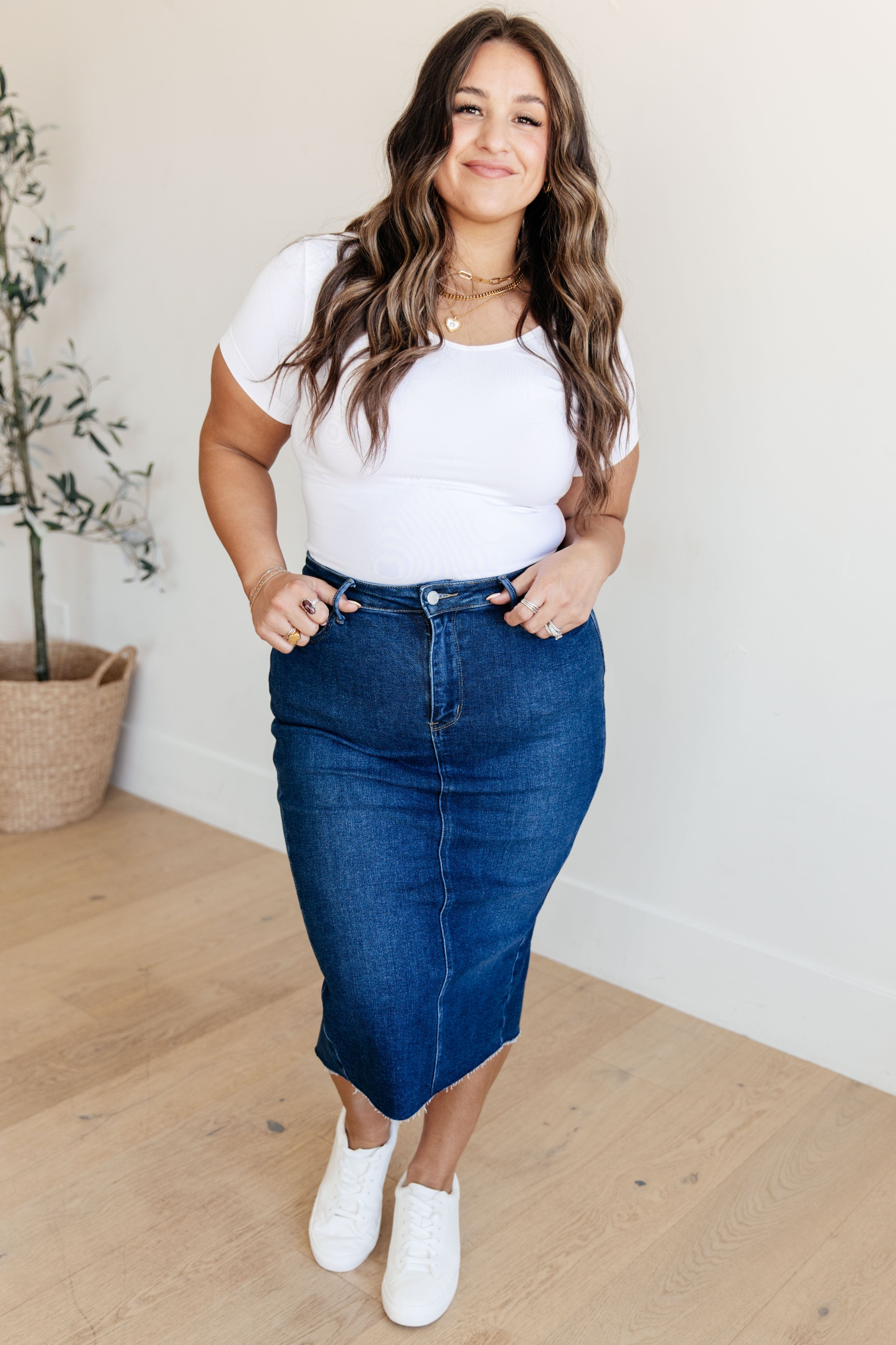 Marcy High Rise Denim Midi Skirt-Womens-Stay Foxy Boutique, Florissant, Missouri