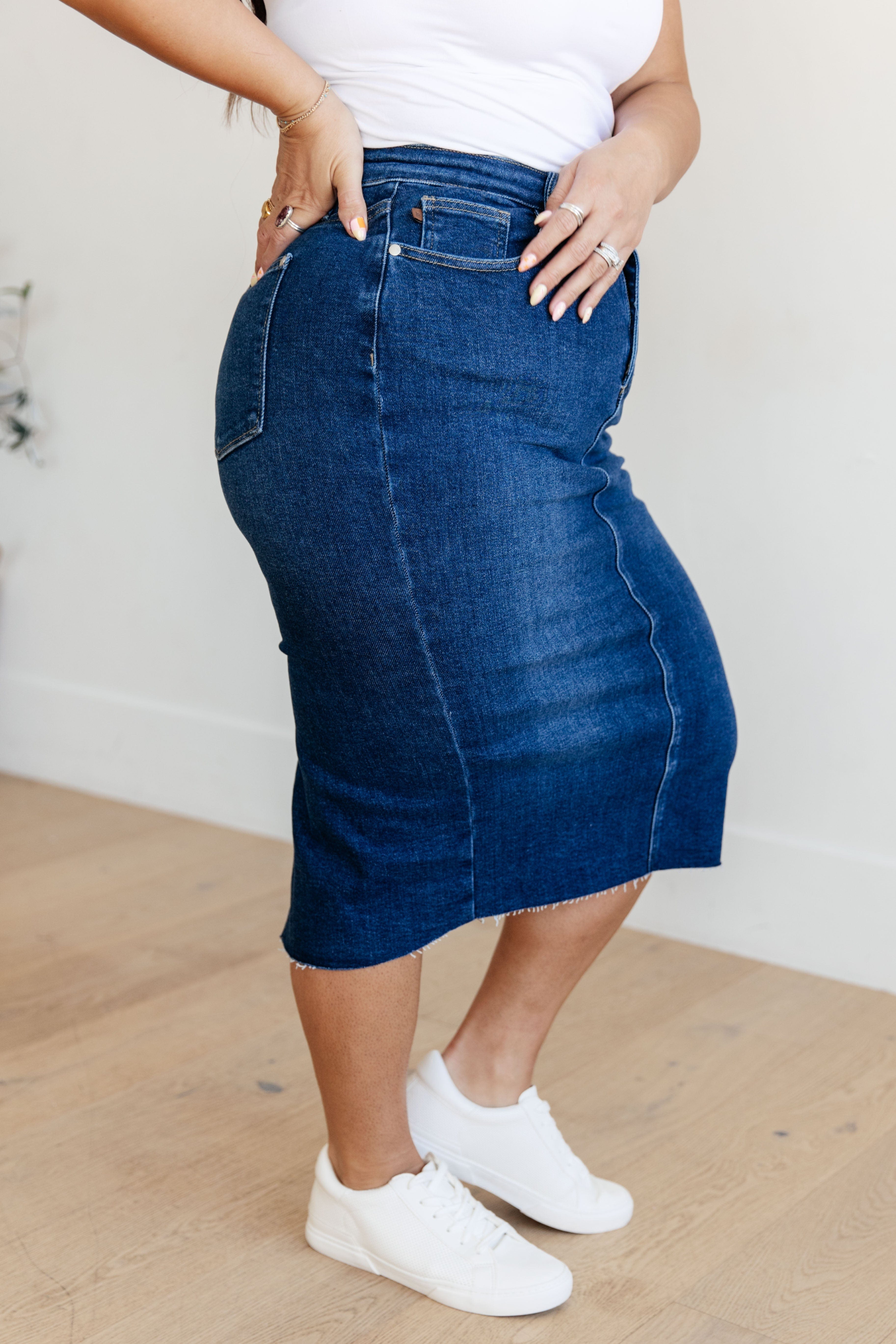 Marcy High Rise Denim Midi Skirt-Womens-Stay Foxy Boutique, Florissant, Missouri