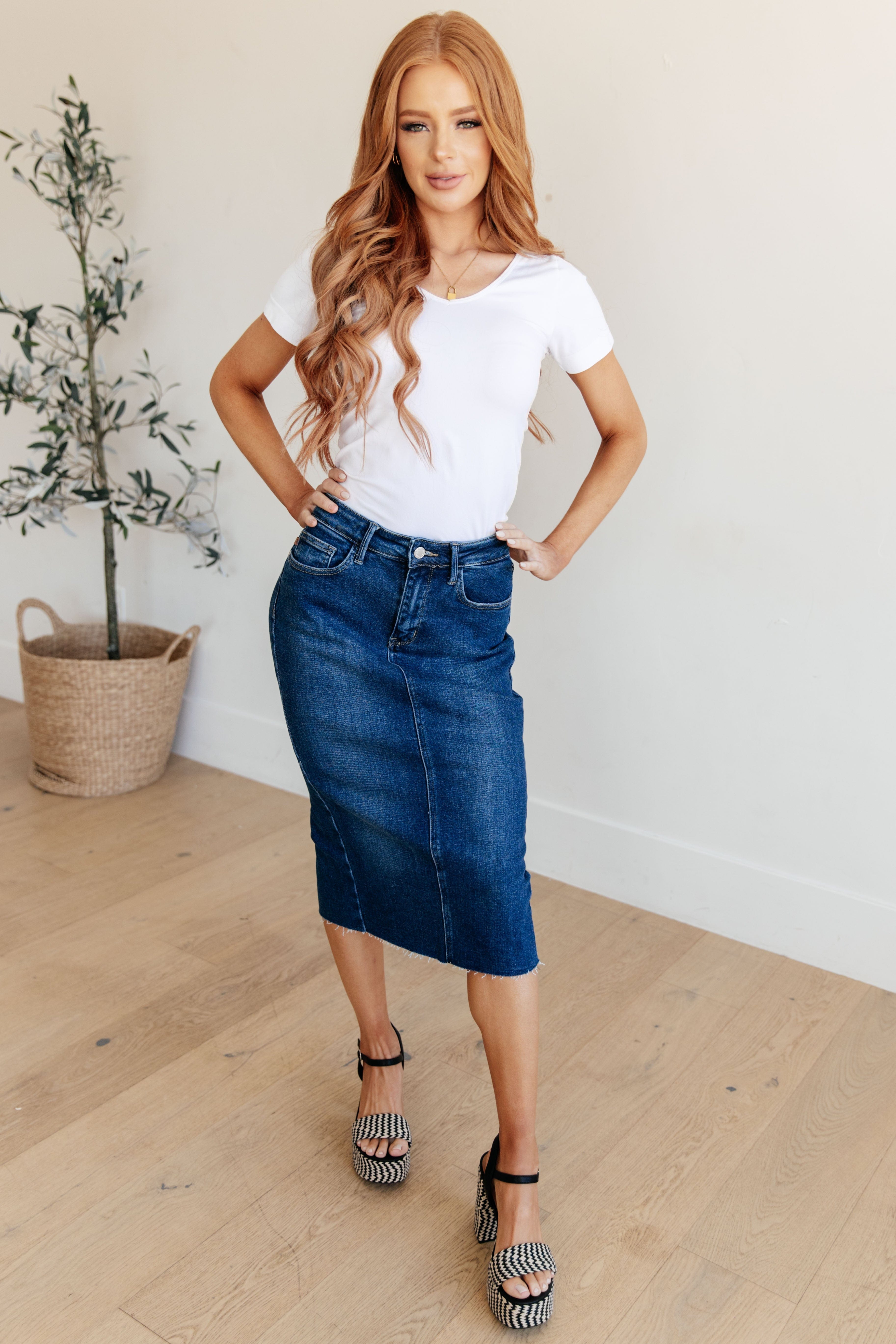 Marcy High Rise Denim Midi Skirt-Womens-Stay Foxy Boutique, Florissant, Missouri