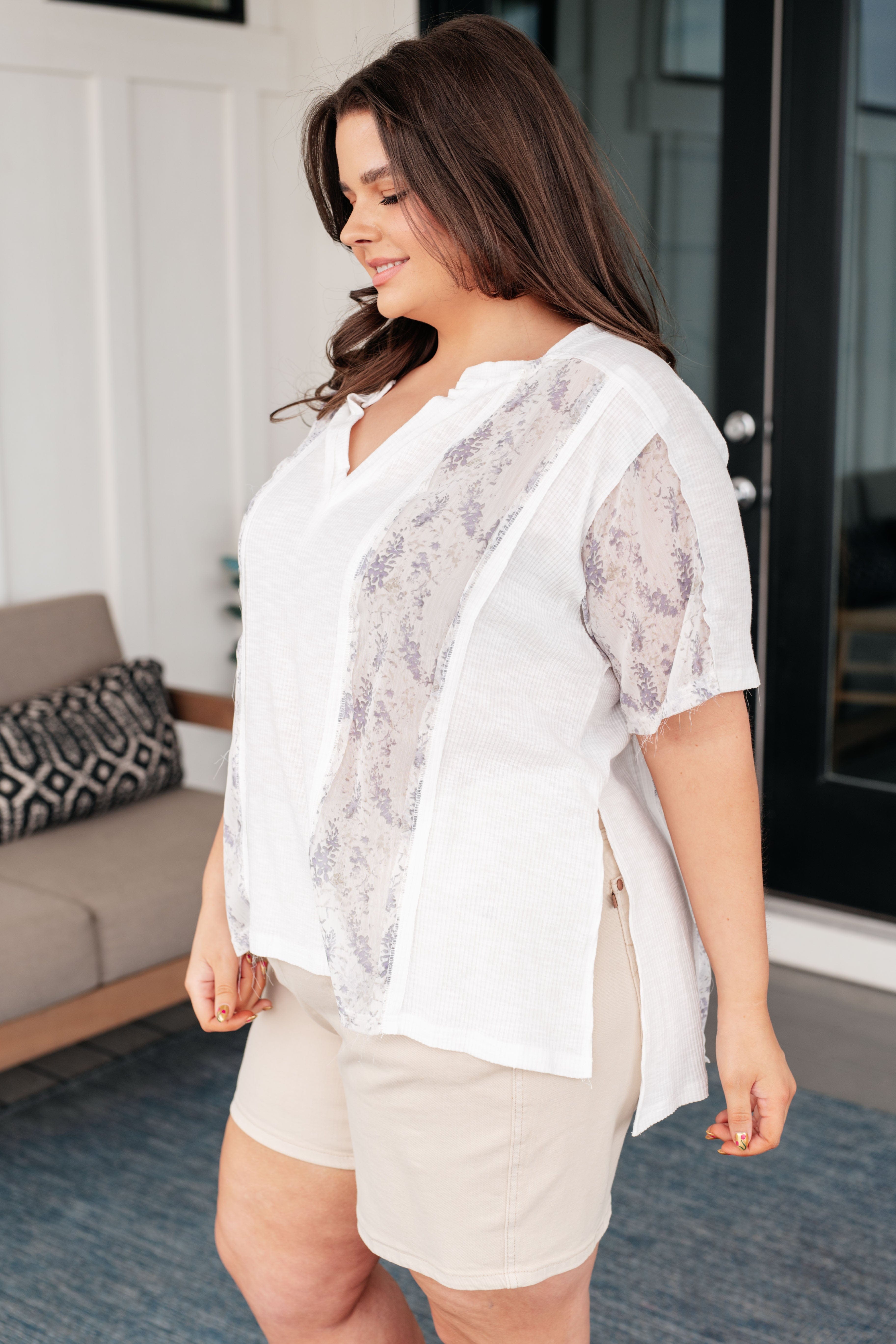 Mention Me Floral Accent Top in Ivory-Tops-Stay Foxy Boutique, Florissant, Missouri