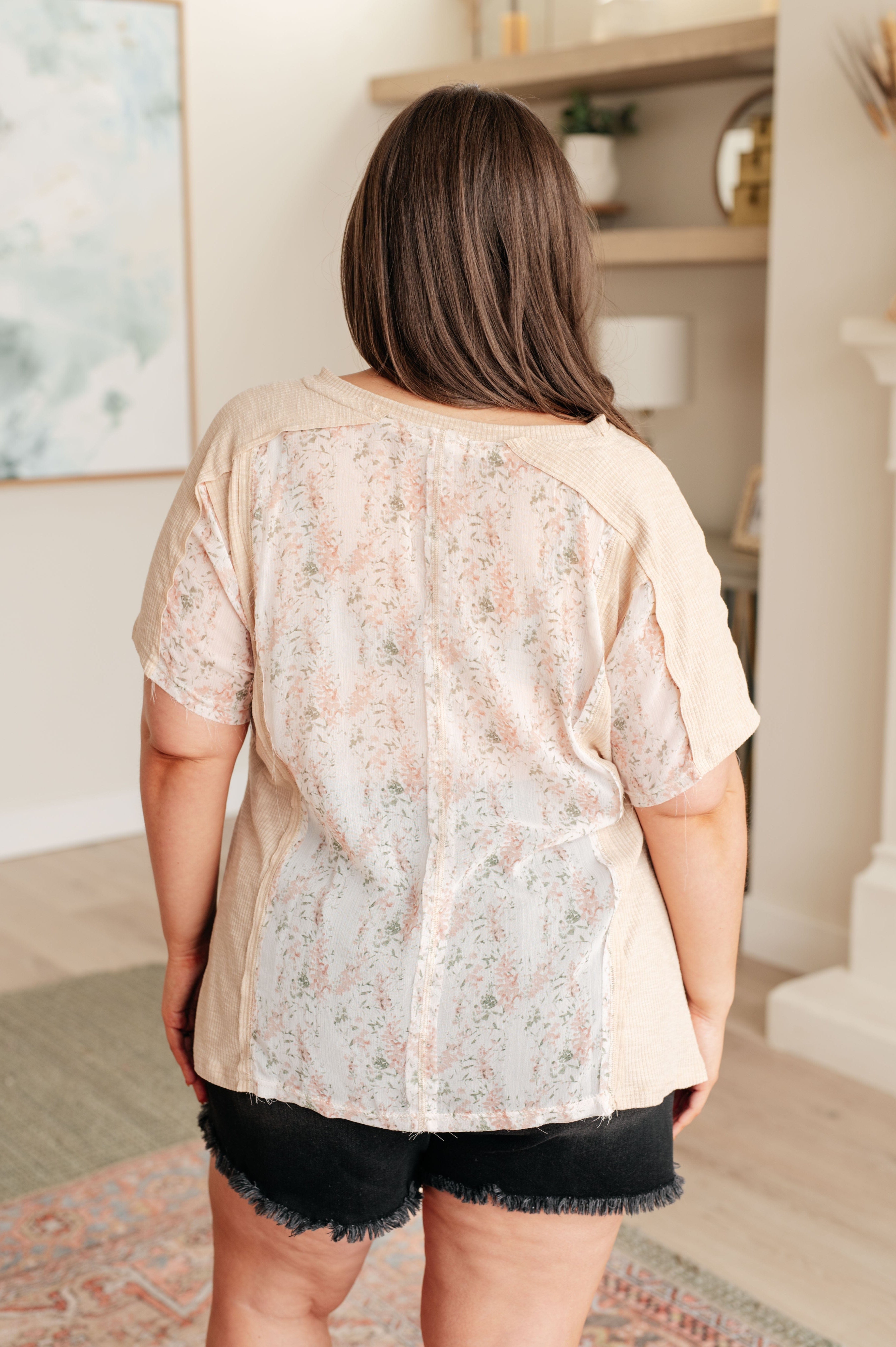 Mention Me Floral Accent Top in Toasted Almond-Tops-Stay Foxy Boutique, Florissant, Missouri
