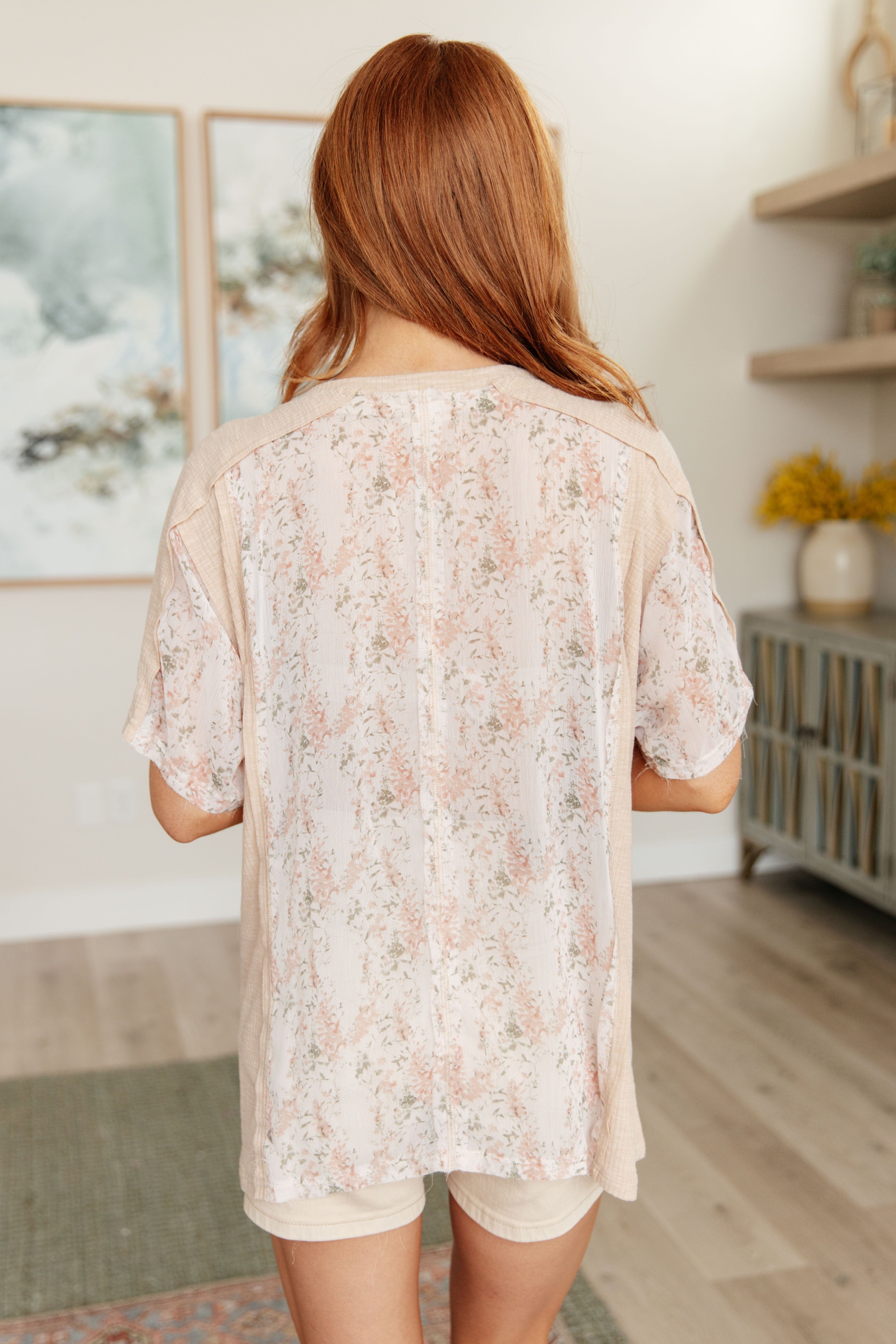 Mention Me Floral Accent Top in Toasted Almond-Tops-Stay Foxy Boutique, Florissant, Missouri