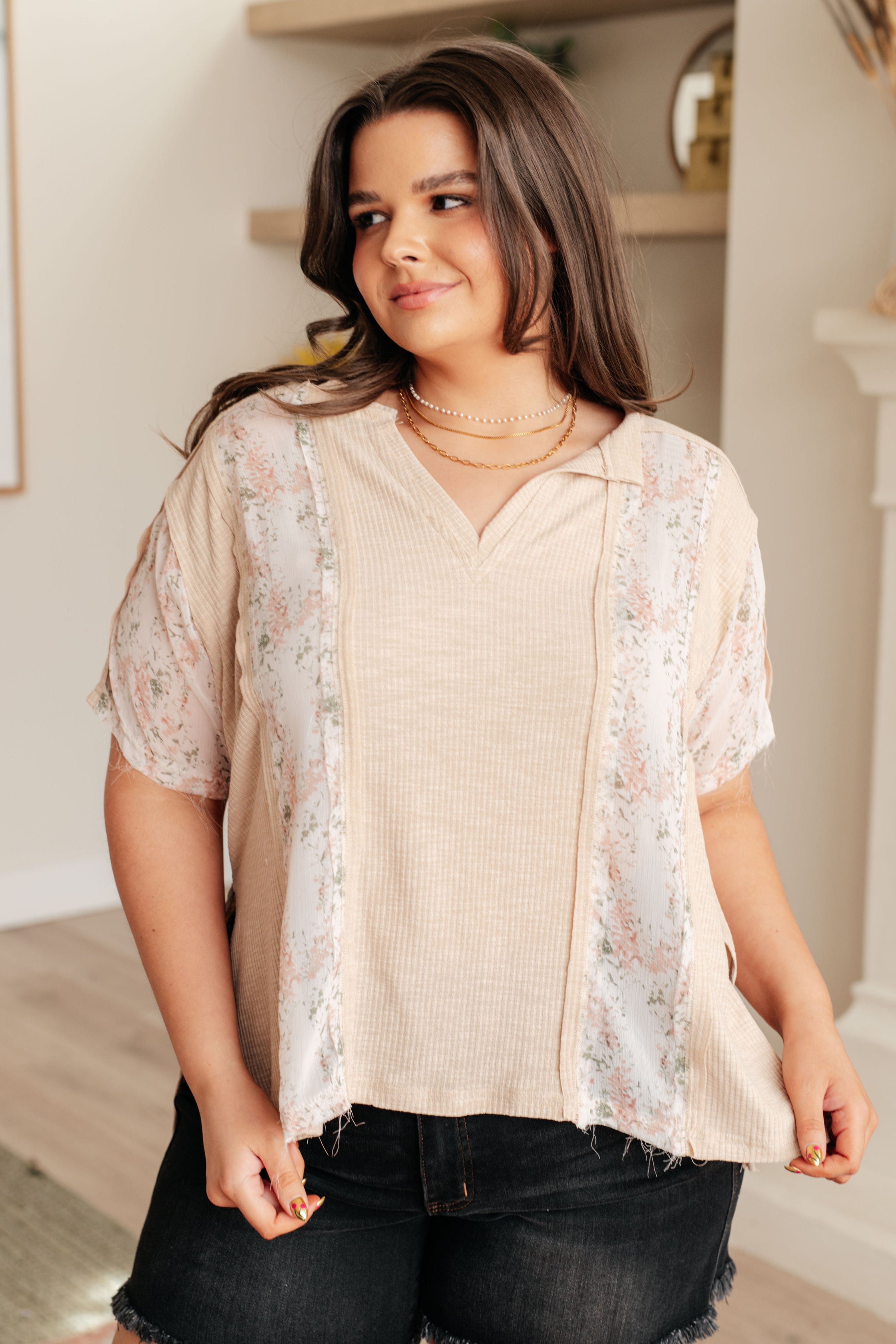 Mention Me Floral Accent Top in Toasted Almond-Tops-Stay Foxy Boutique, Florissant, Missouri