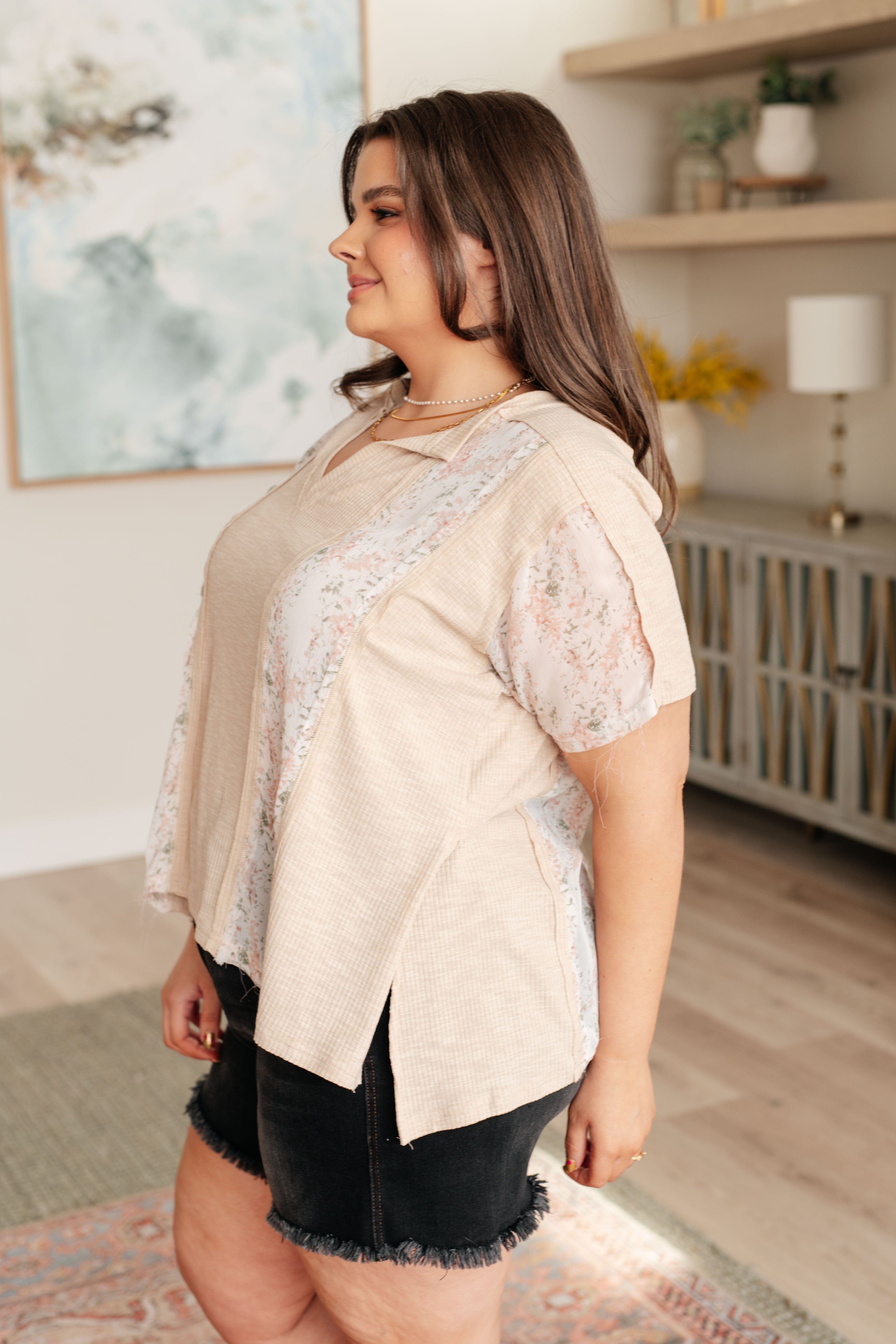 Mention Me Floral Accent Top in Toasted Almond-Tops-Stay Foxy Boutique, Florissant, Missouri
