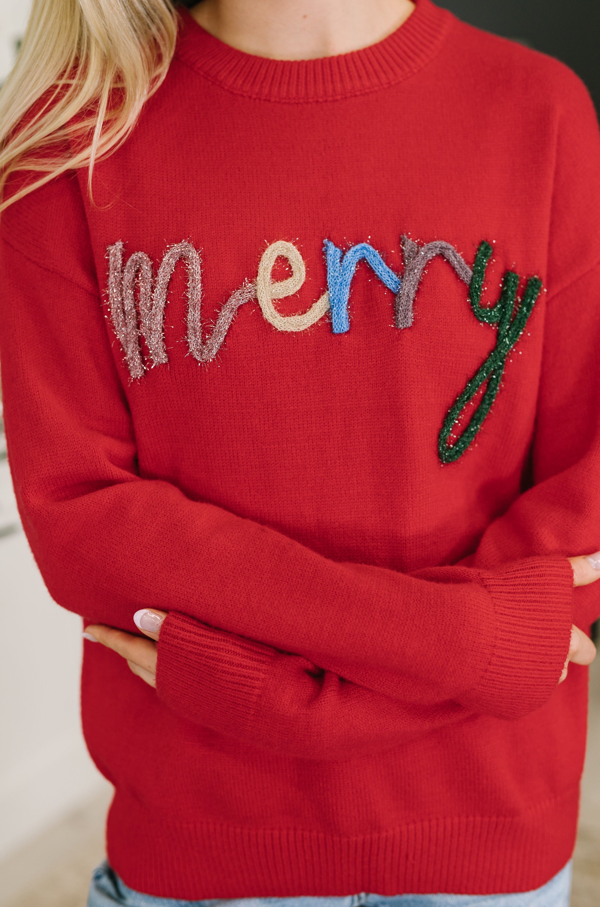 Merry Applique Drop Shoulder Pullover-Womens-Stay Foxy Boutique, Florissant, Missouri