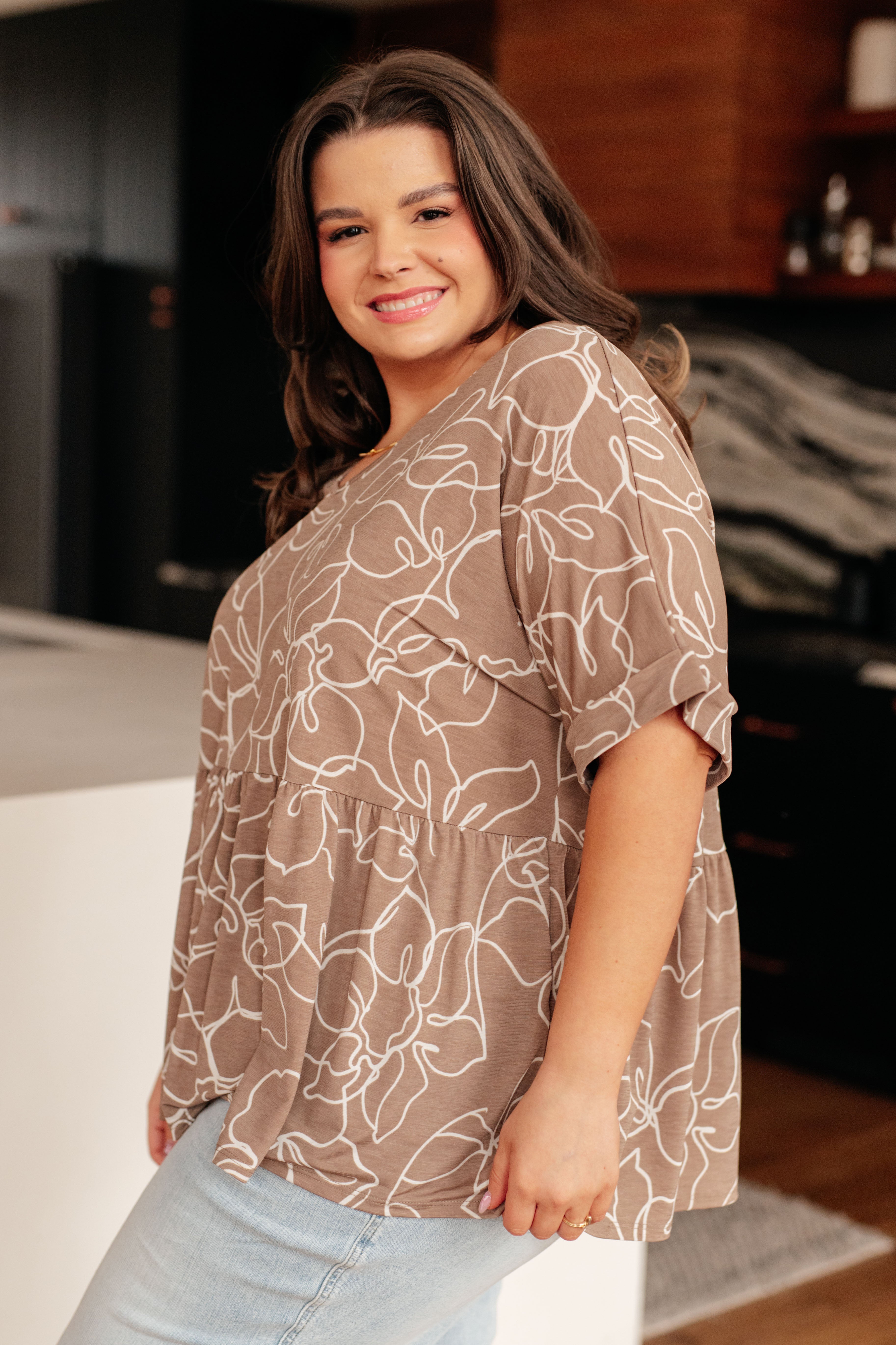 Mocha Petals V-Neck Top-Tops-Stay Foxy Boutique, Florissant, Missouri