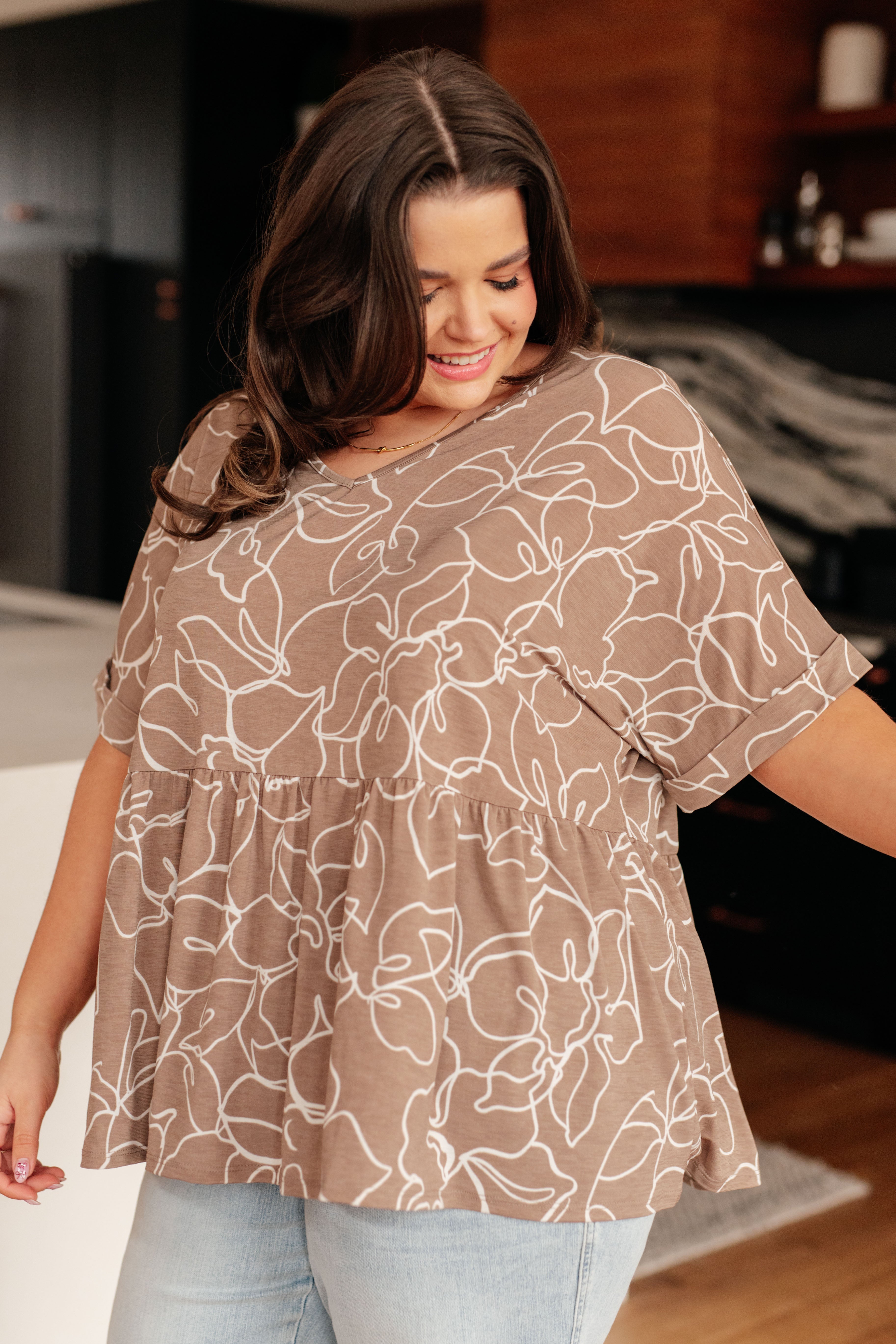Mocha Petals V-Neck Top-Tops-Stay Foxy Boutique, Florissant, Missouri