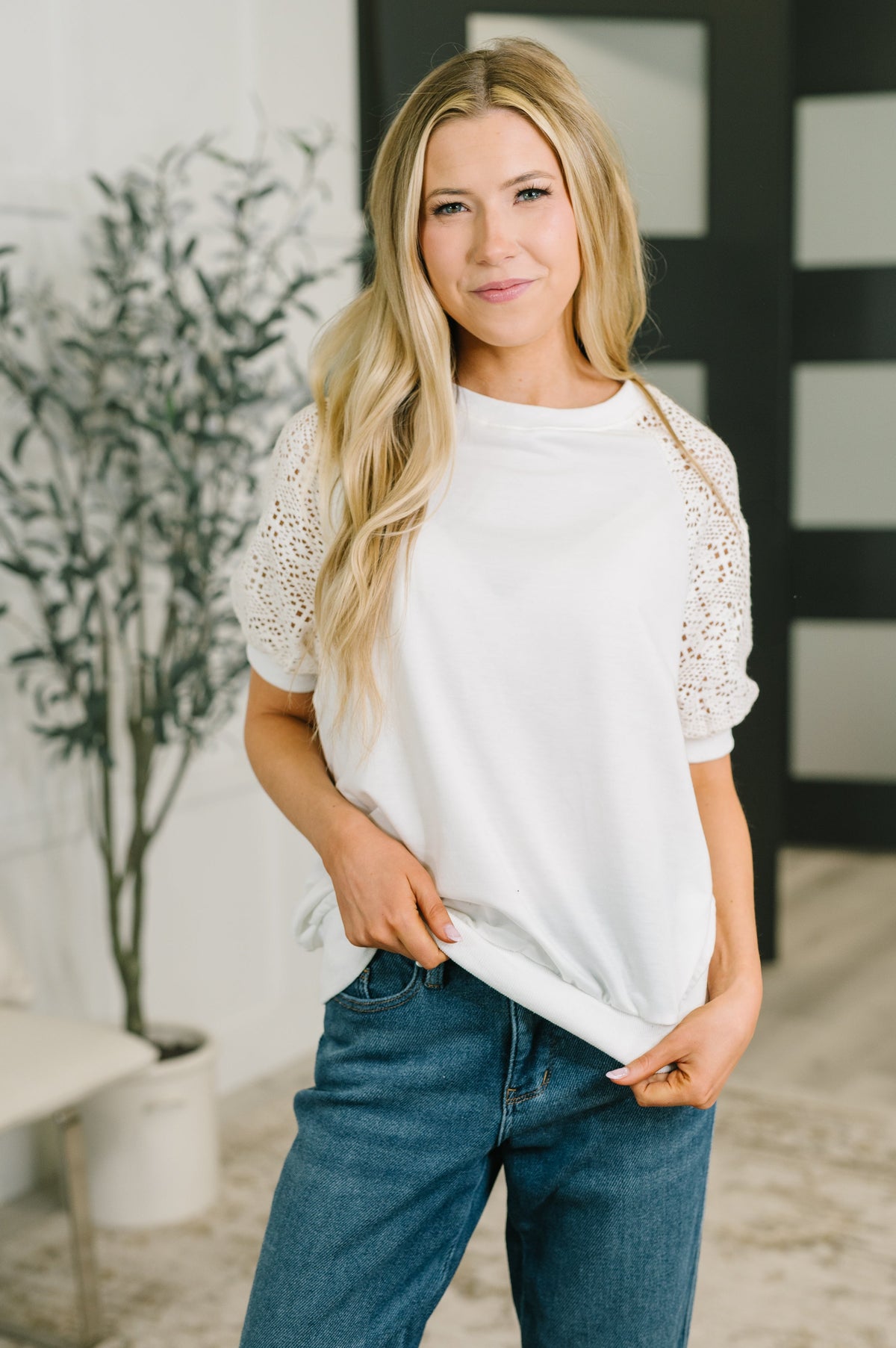 Never Too Lace Raglan Crochet Sleeve Top-Womens-Stay Foxy Boutique, Florissant, Missouri