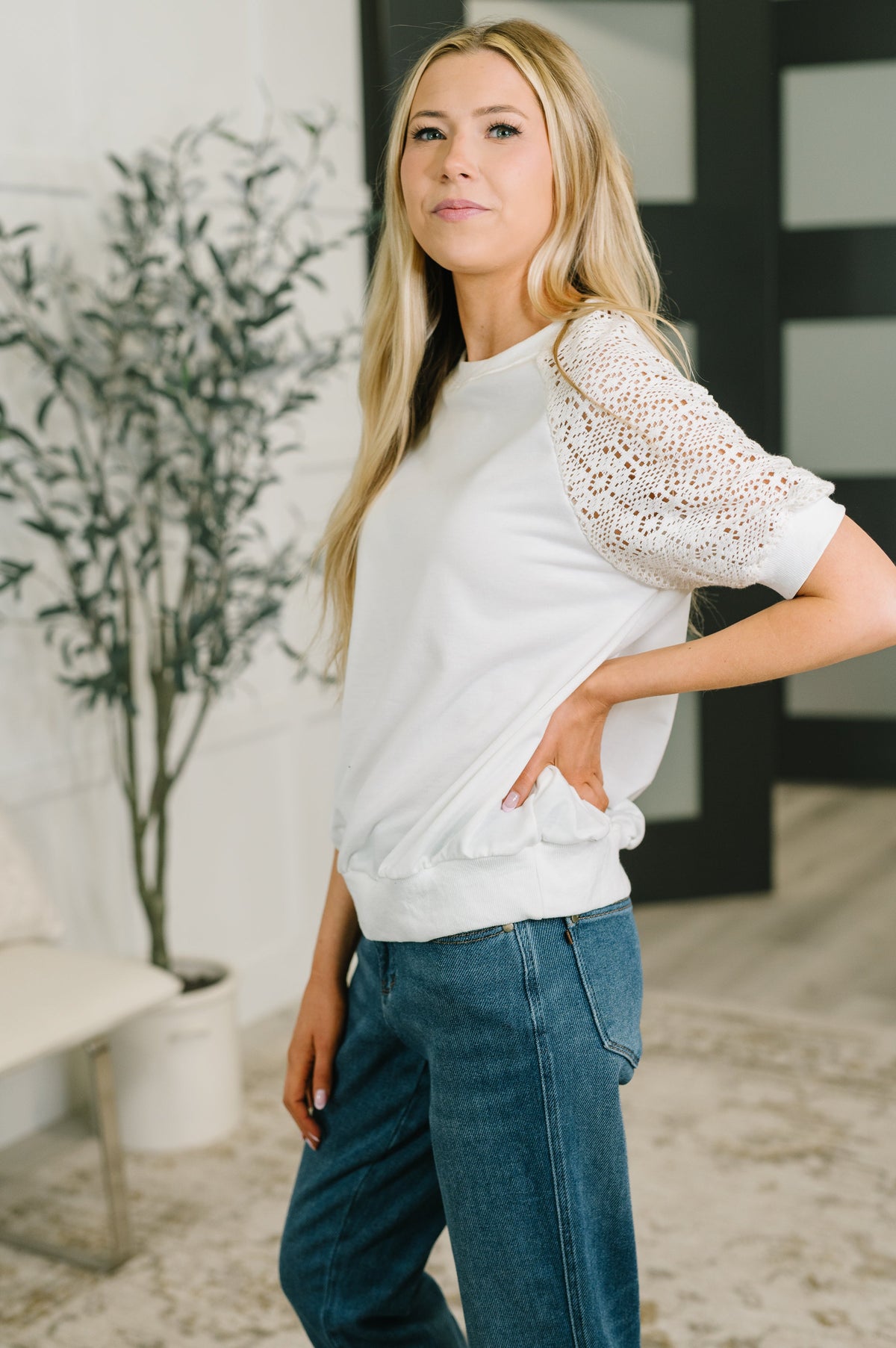 Never Too Lace Raglan Crochet Sleeve Top-Womens-Stay Foxy Boutique, Florissant, Missouri