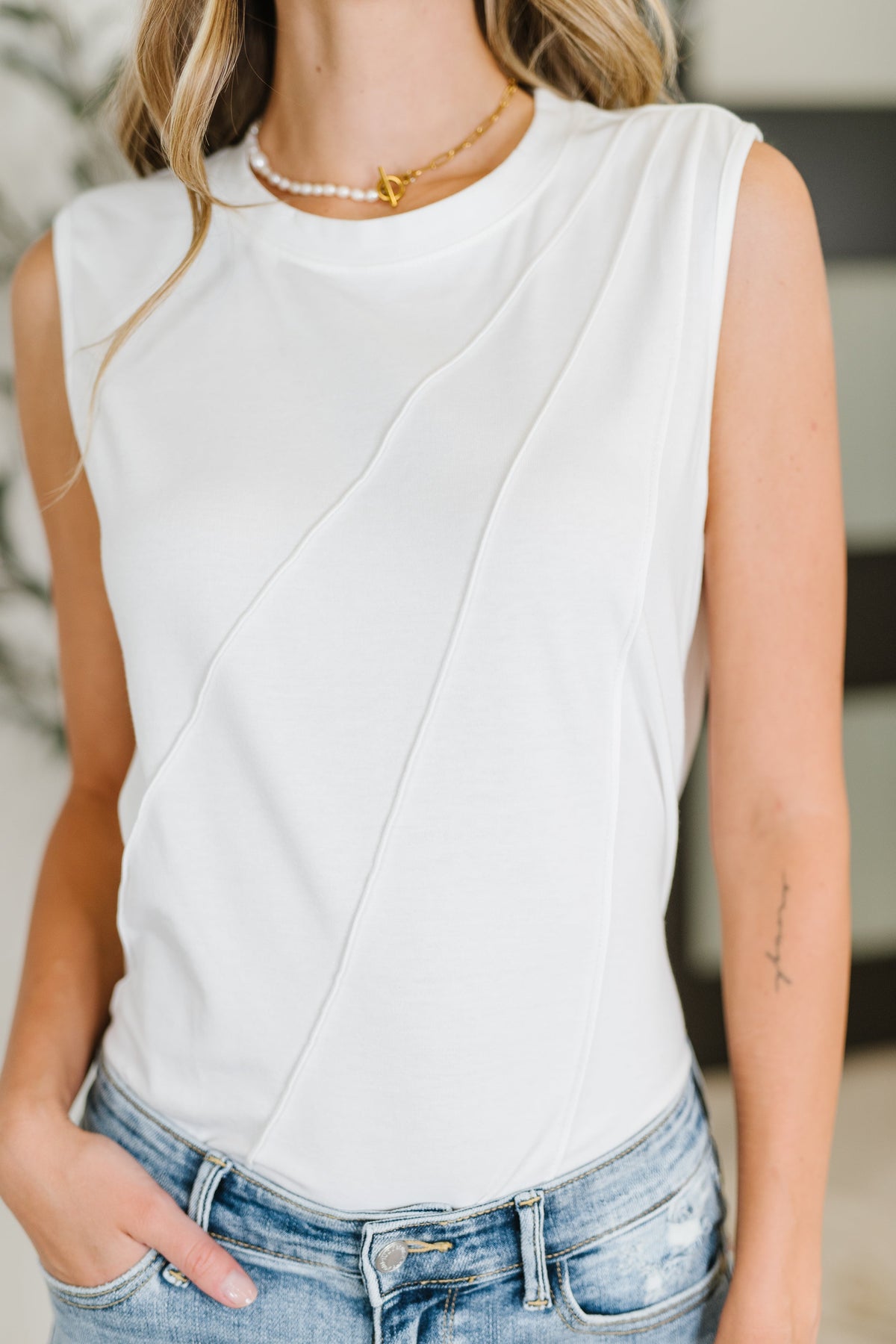 New Normal Pleat Detail Sleeveless Top in White-Womens-Stay Foxy Boutique, Florissant, Missouri