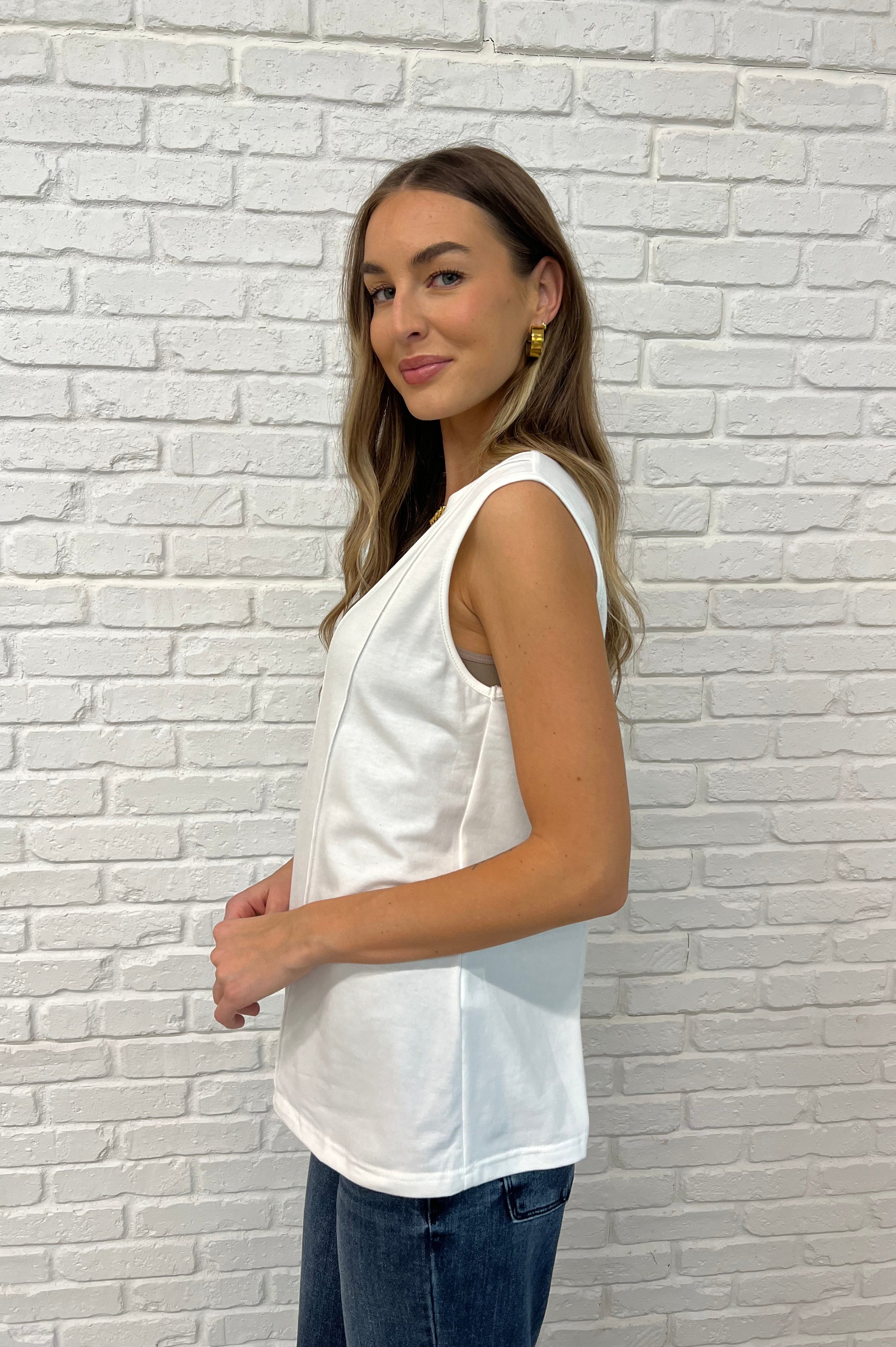 New Normal Pleat Detail Sleeveless Top in White-Womens-Stay Foxy Boutique, Florissant, Missouri