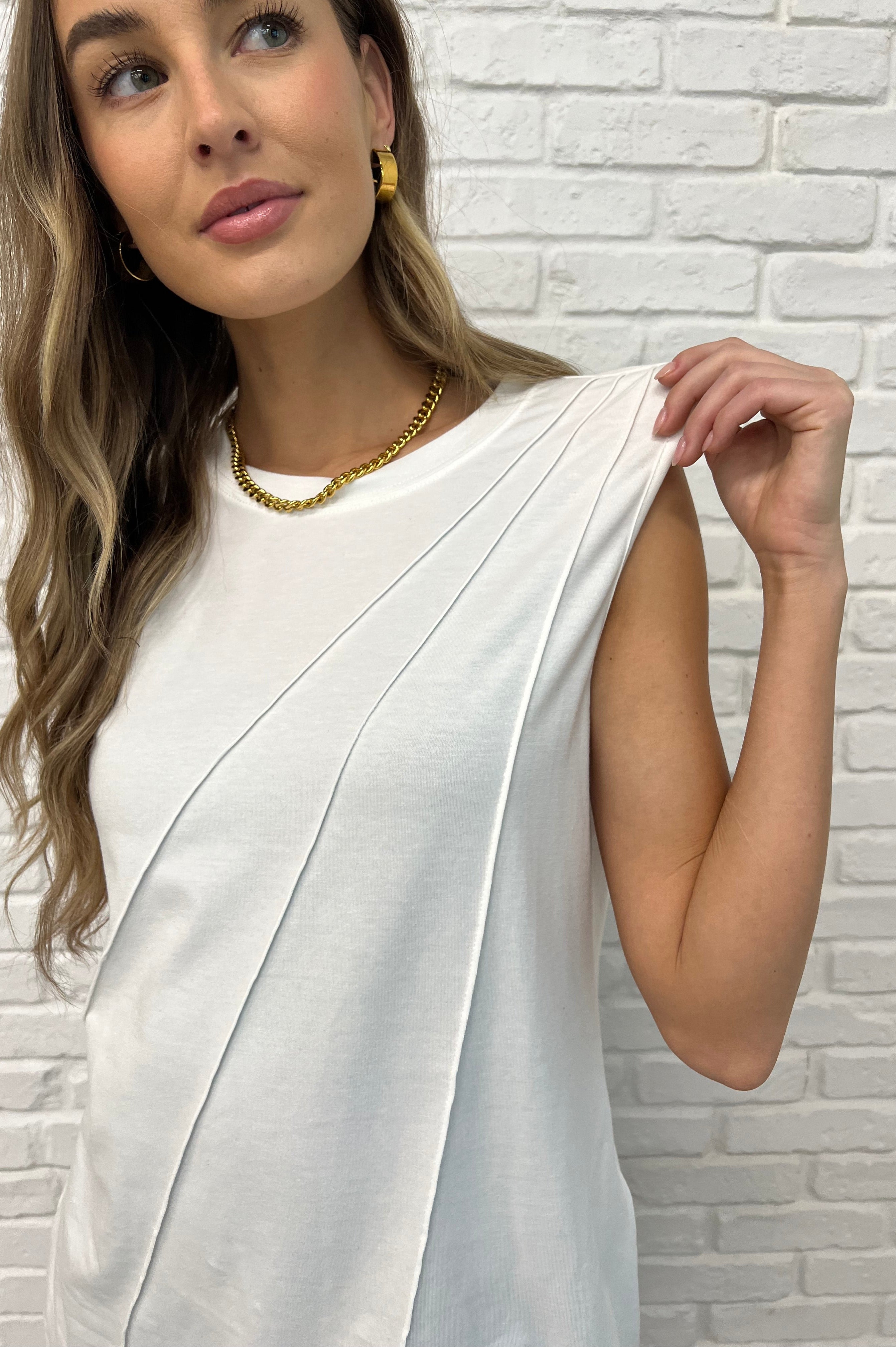 New Normal Pleat Detail Sleeveless Top in White-Womens-Stay Foxy Boutique, Florissant, Missouri