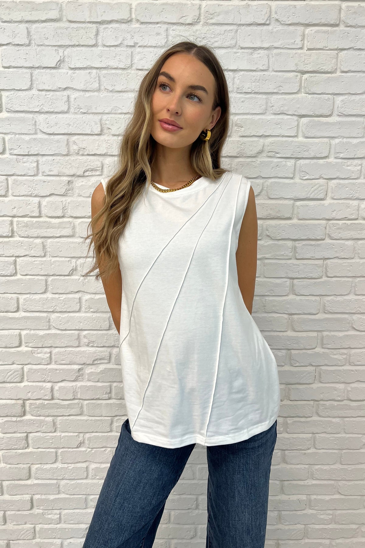 New Normal Pleat Detail Sleeveless Top in White-Womens-Stay Foxy Boutique, Florissant, Missouri