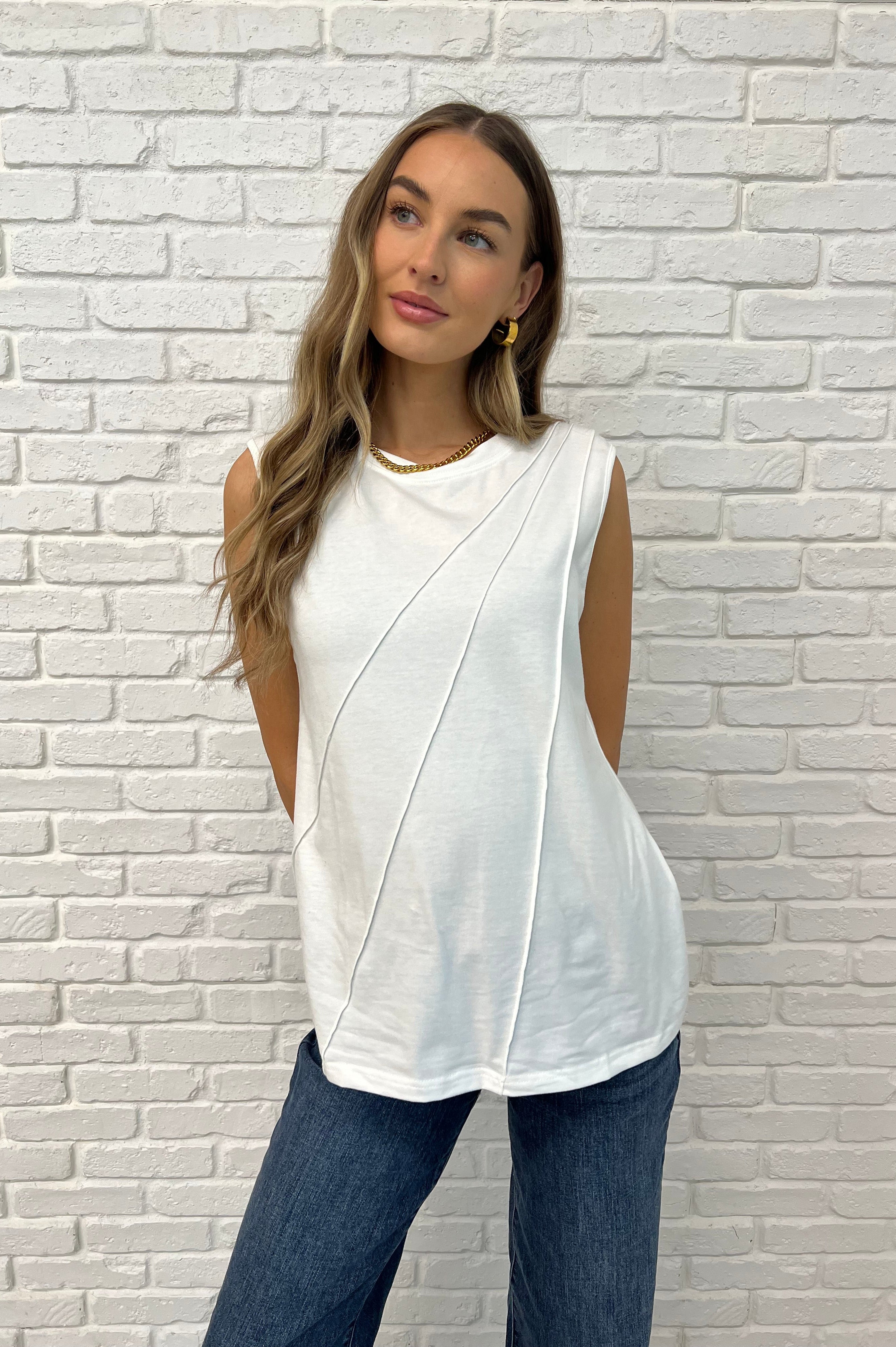 New Normal Pleat Detail Sleeveless Top in White-Womens-Stay Foxy Boutique, Florissant, Missouri