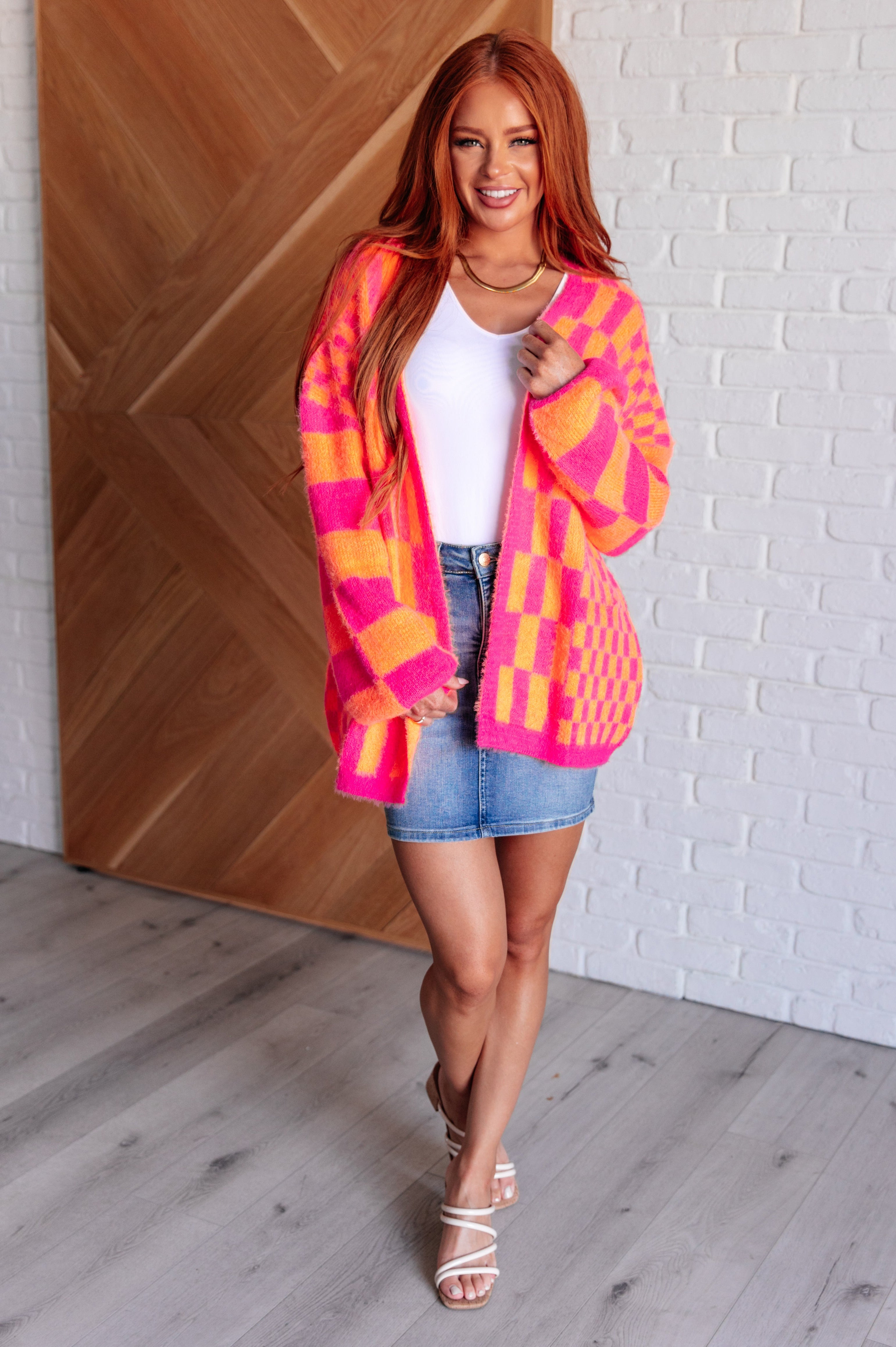 Noticed in Neon Checkered Cardigan in Pink and Orange-Womens-Stay Foxy Boutique, Florissant, Missouri