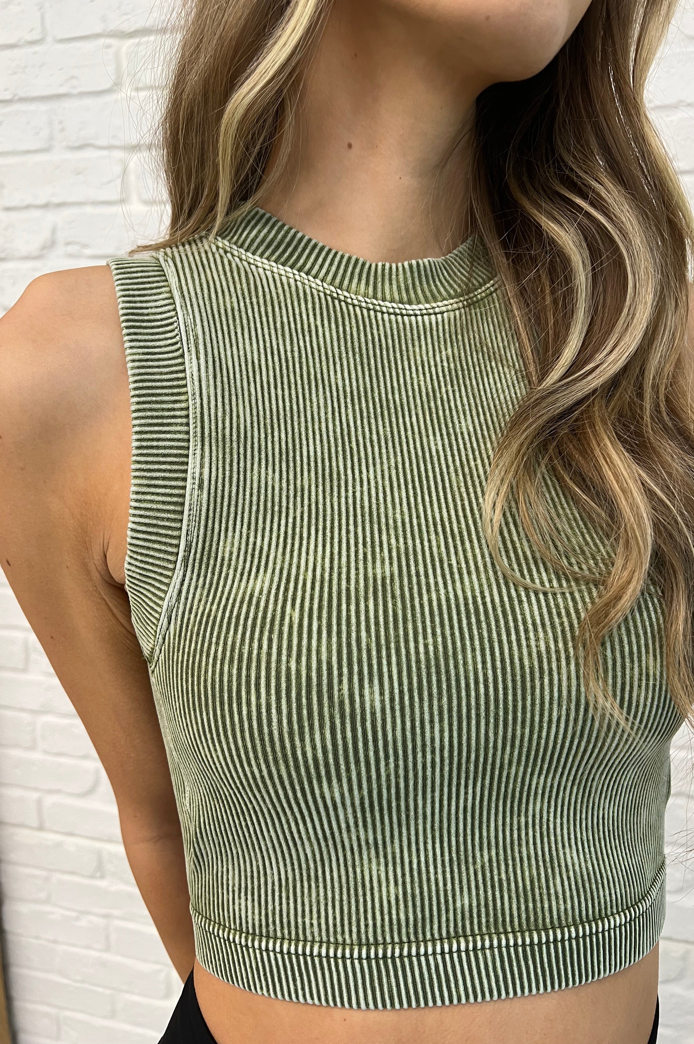 Over and Out Cropped Ribbed Tank in Ash Olive-Womens-Stay Foxy Boutique, Florissant, Missouri