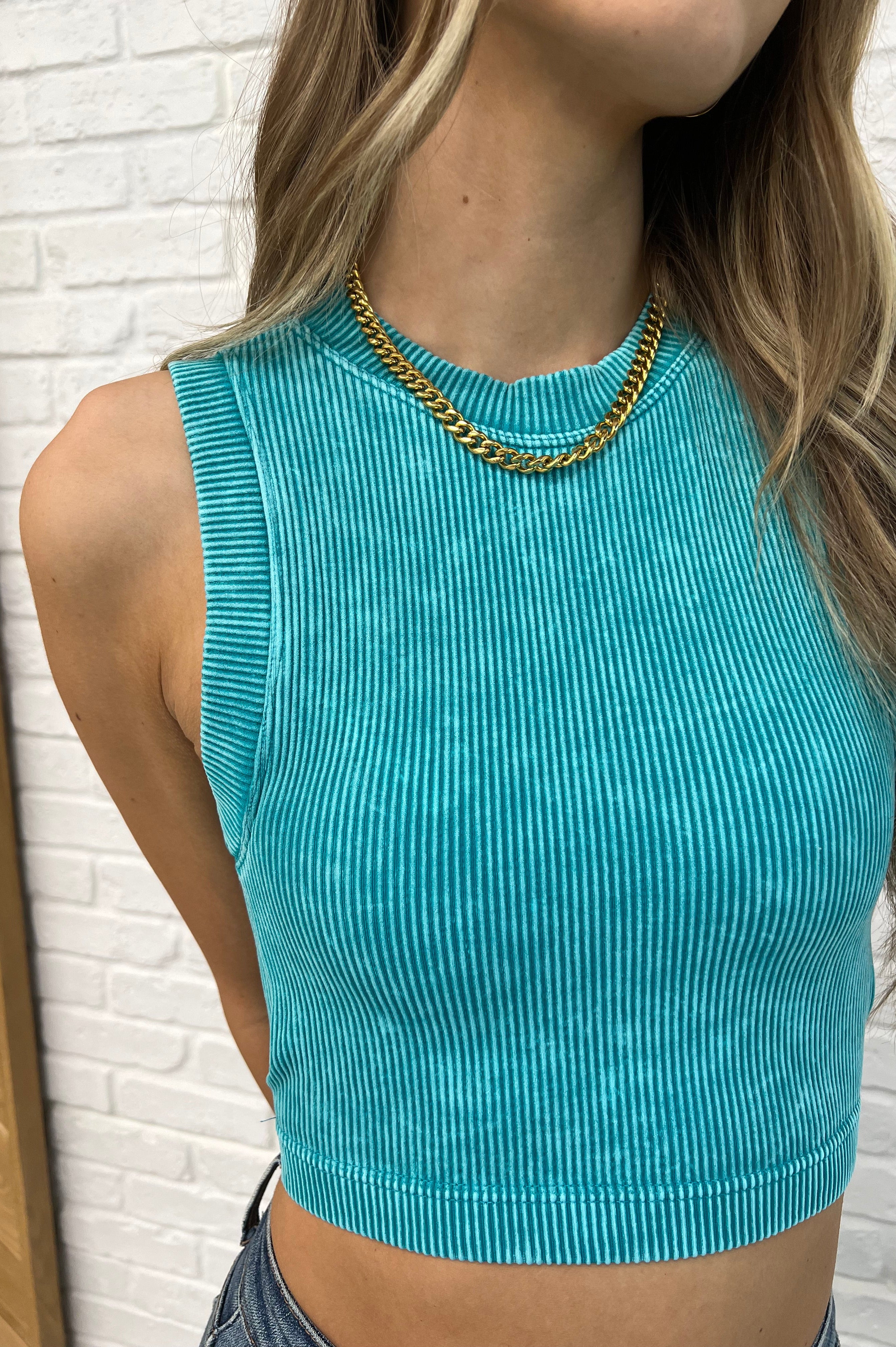 Over and Out Cropped Ribbed Tank in Lt Teal-Womens-Stay Foxy Boutique, Florissant, Missouri