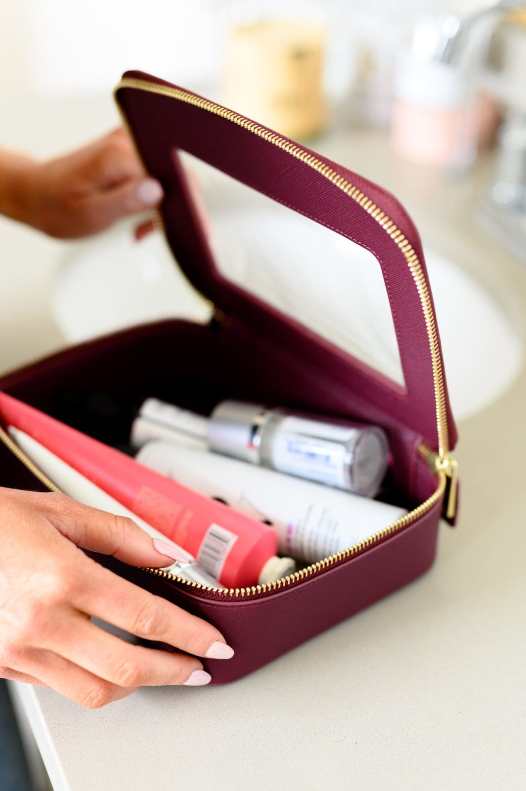 PU Leather Travel Cosmetic Case in Wine-Womens-Stay Foxy Boutique, Florissant, Missouri