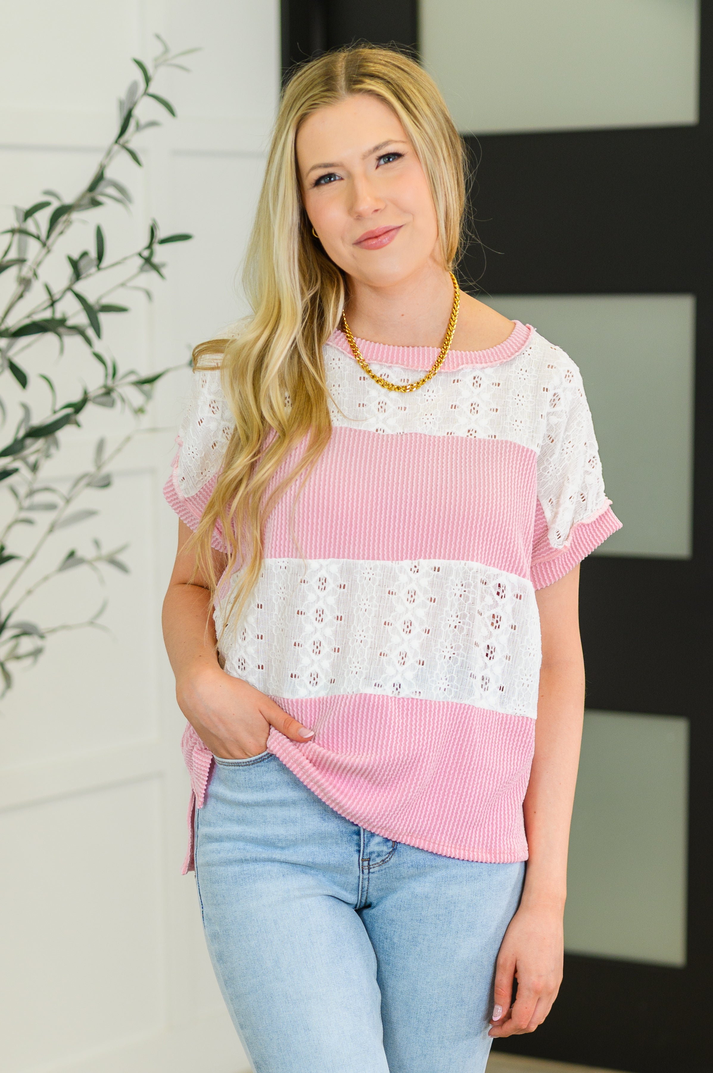 Parlour Picnic Color Block Knit Top in Pink-Womens-Stay Foxy Boutique, Florissant, Missouri