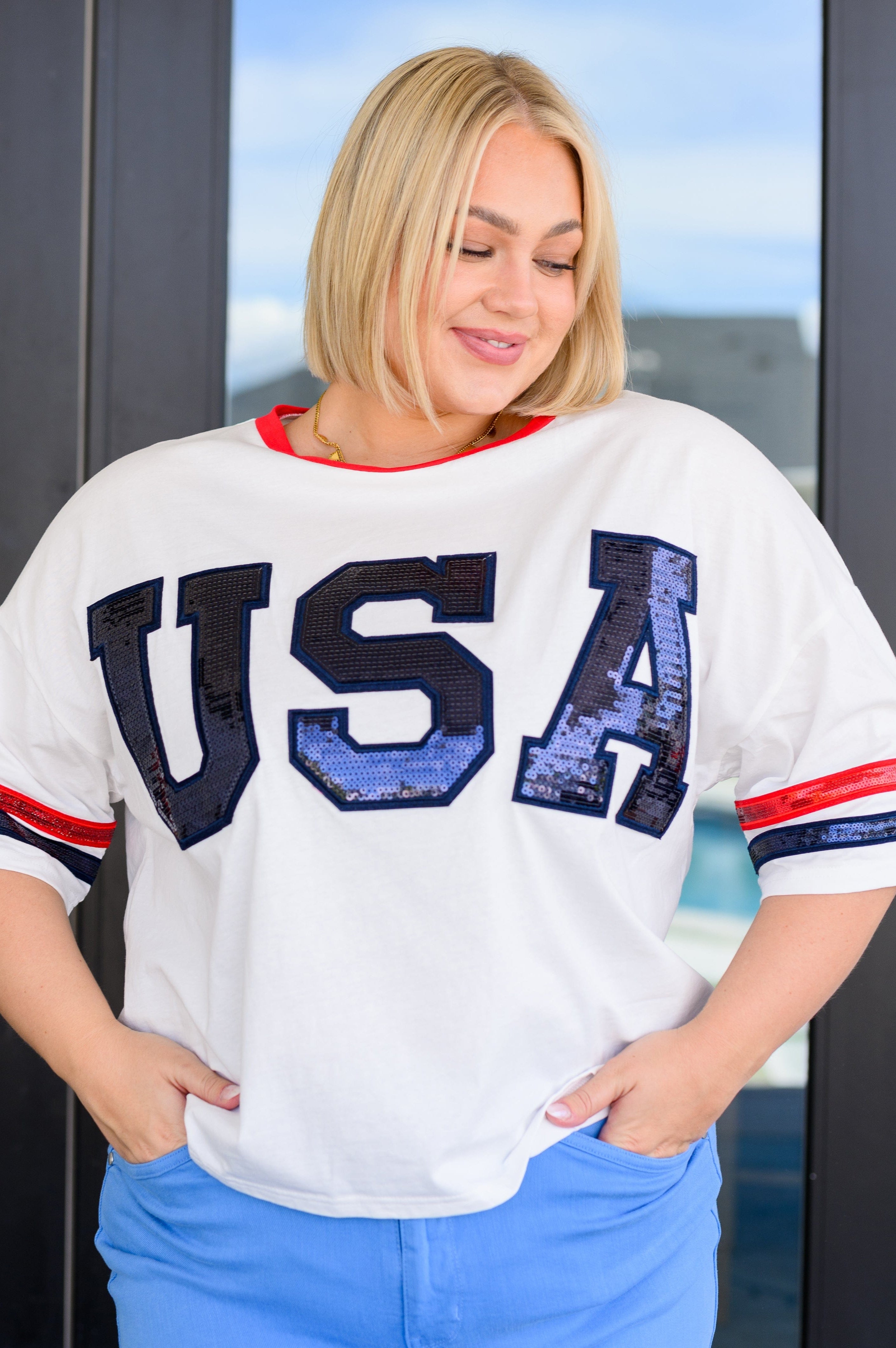 Party In The USA Drop Shoulder Top-Tops-Stay Foxy Boutique, Florissant, Missouri