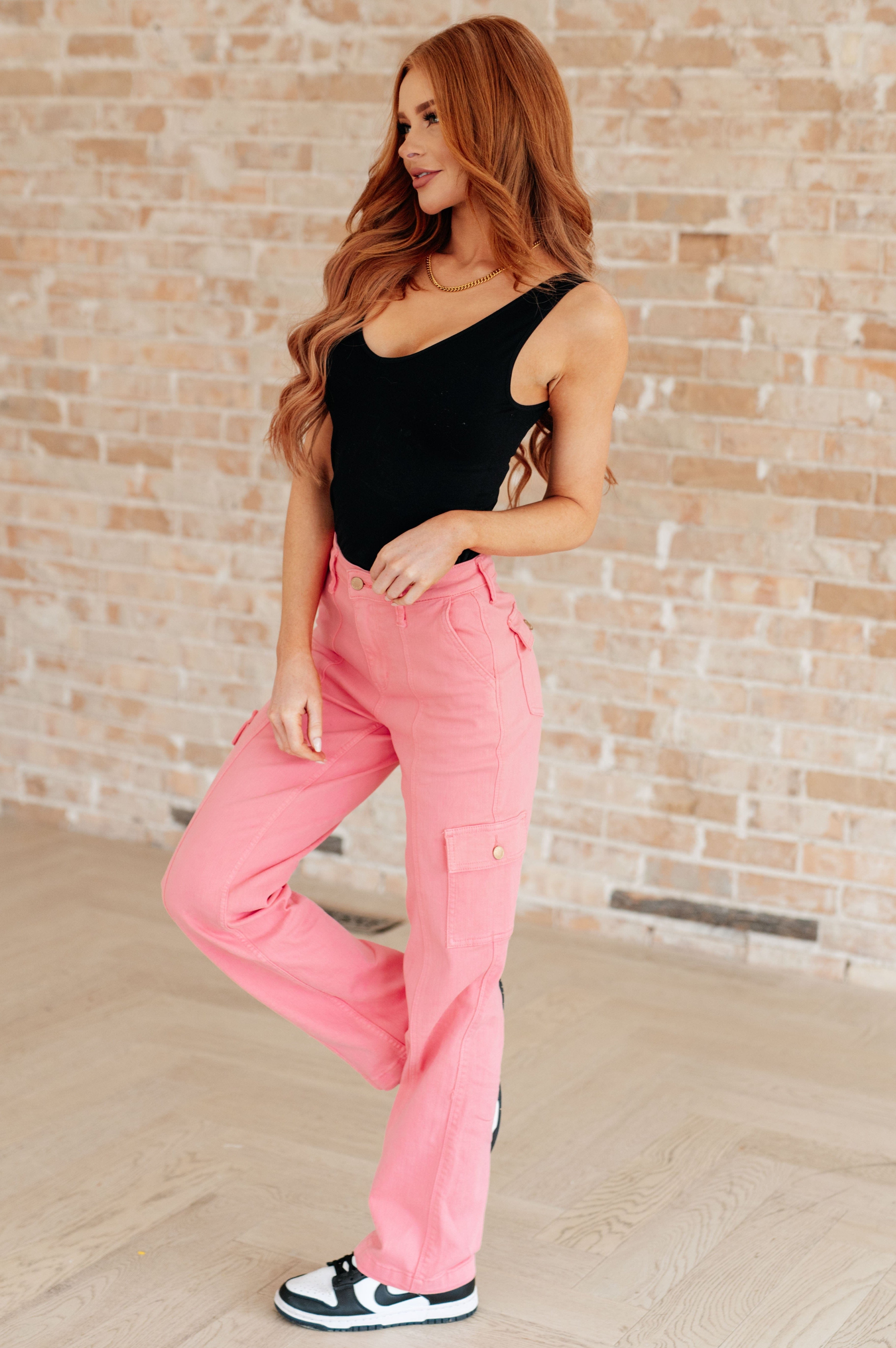 Peggy High Rise Cargo Straight Jeans in Pink-Womens-Stay Foxy Boutique, Florissant, Missouri