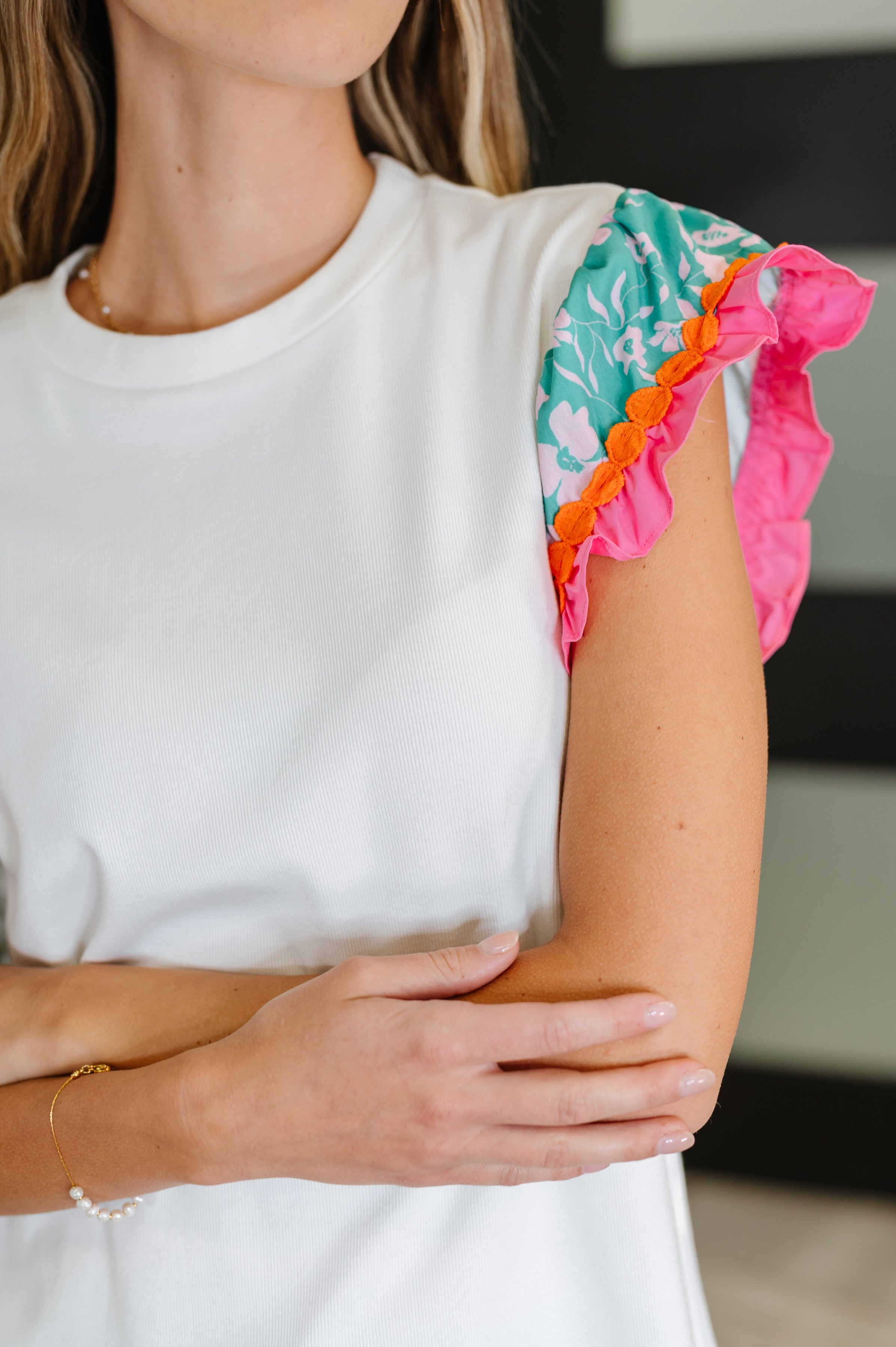 Petals & Poise Floral Flutter Sleeve Top in White-Womens-Stay Foxy Boutique, Florissant, Missouri