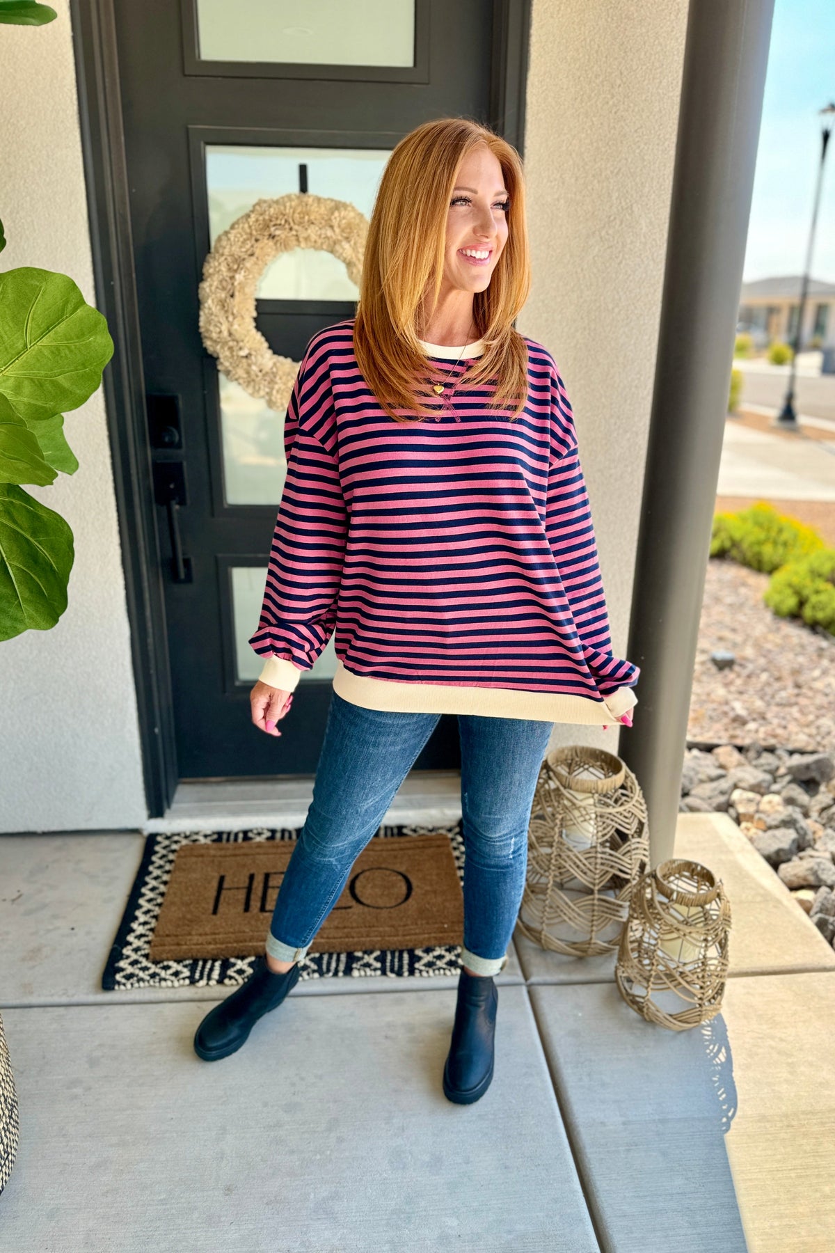 Best Selling Larson Contrast Pullover in Pink/Navy-Womens-Stay Foxy Boutique, Florissant, Missouri