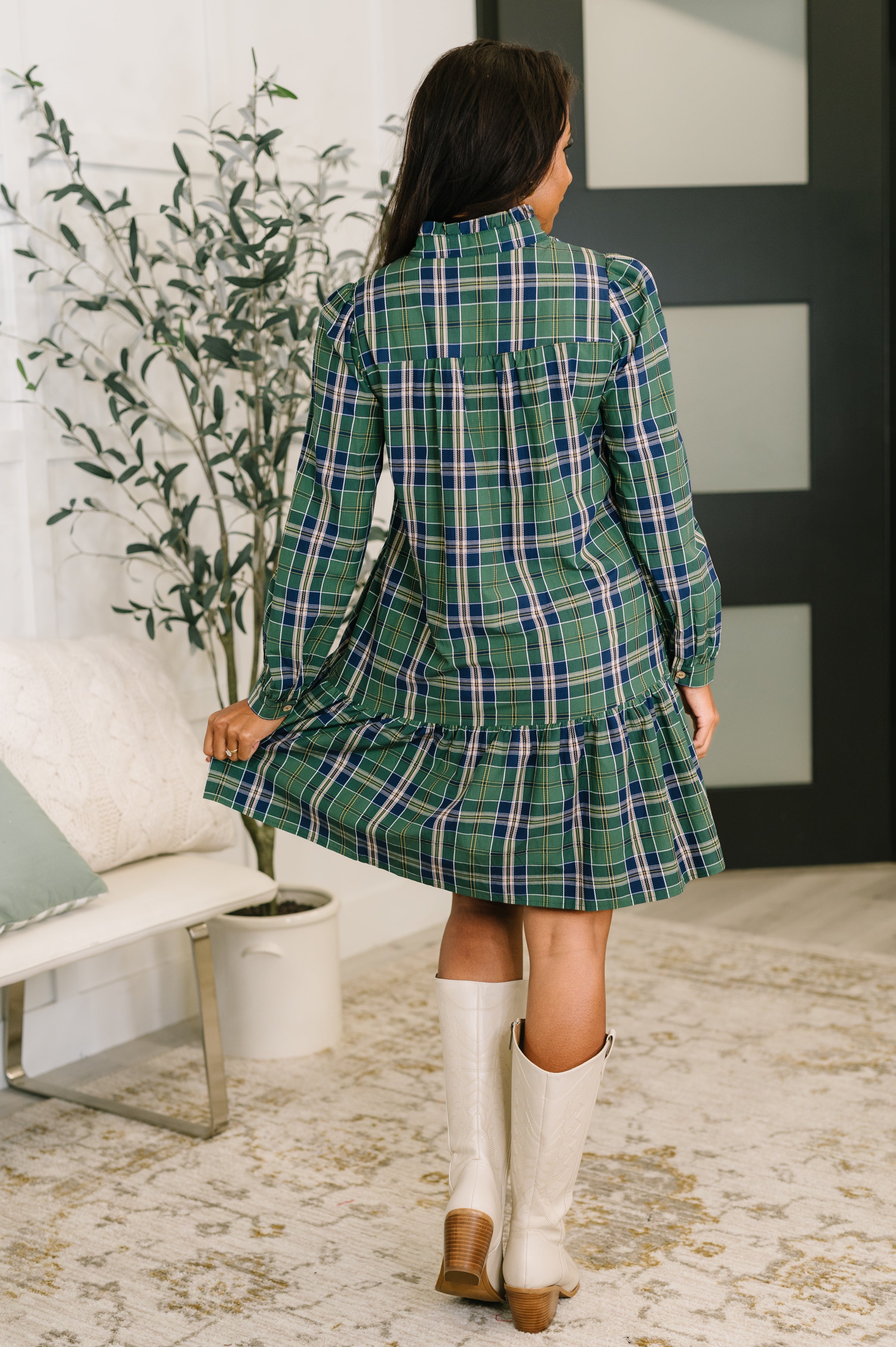 Plaid Perspective Split Neck Long Sleeve Dress-Womens-Stay Foxy Boutique, Florissant, Missouri