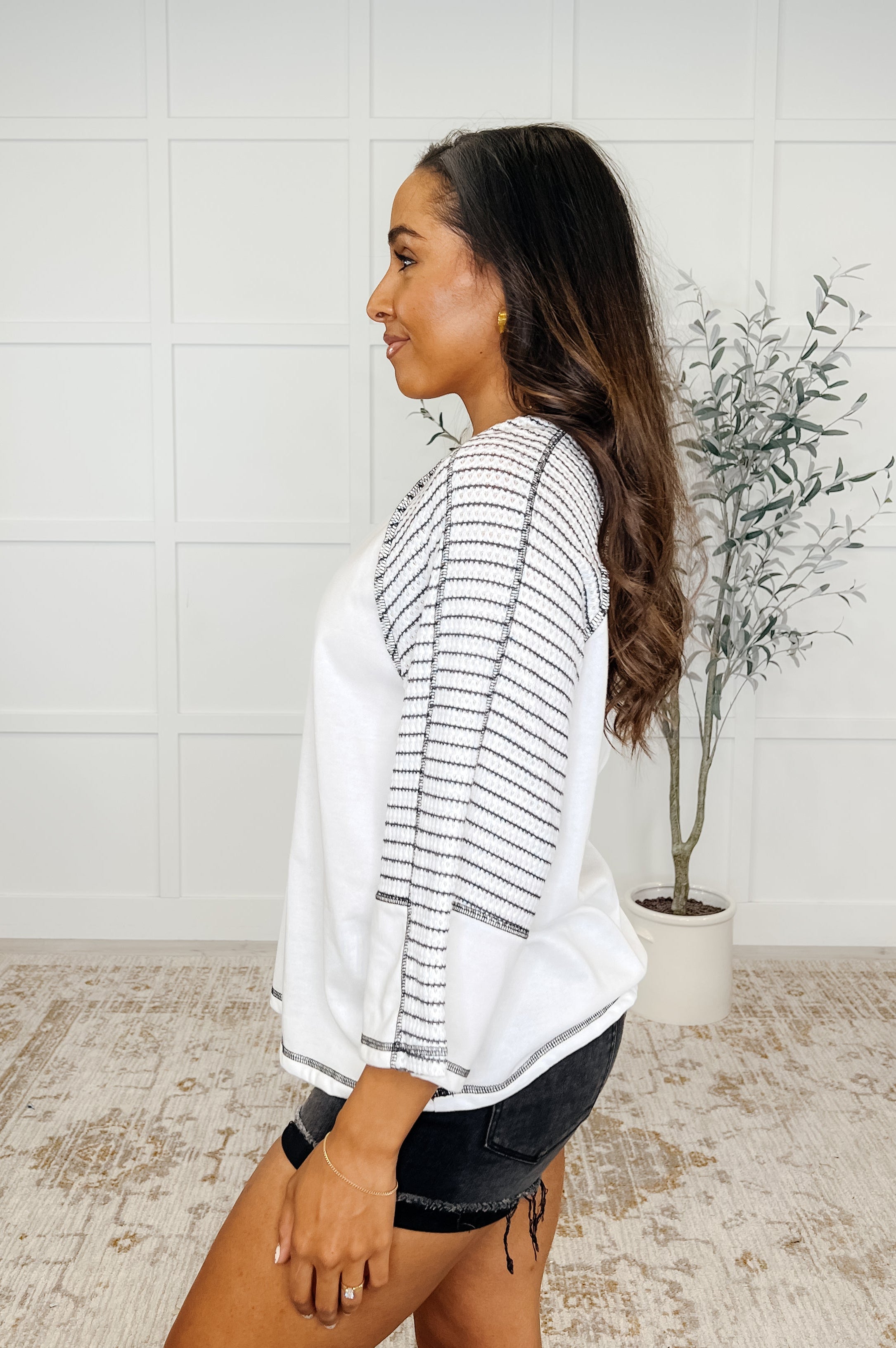 Preoccupied Striped Sleeve Top in Black-Womens-Stay Foxy Boutique, Florissant, Missouri