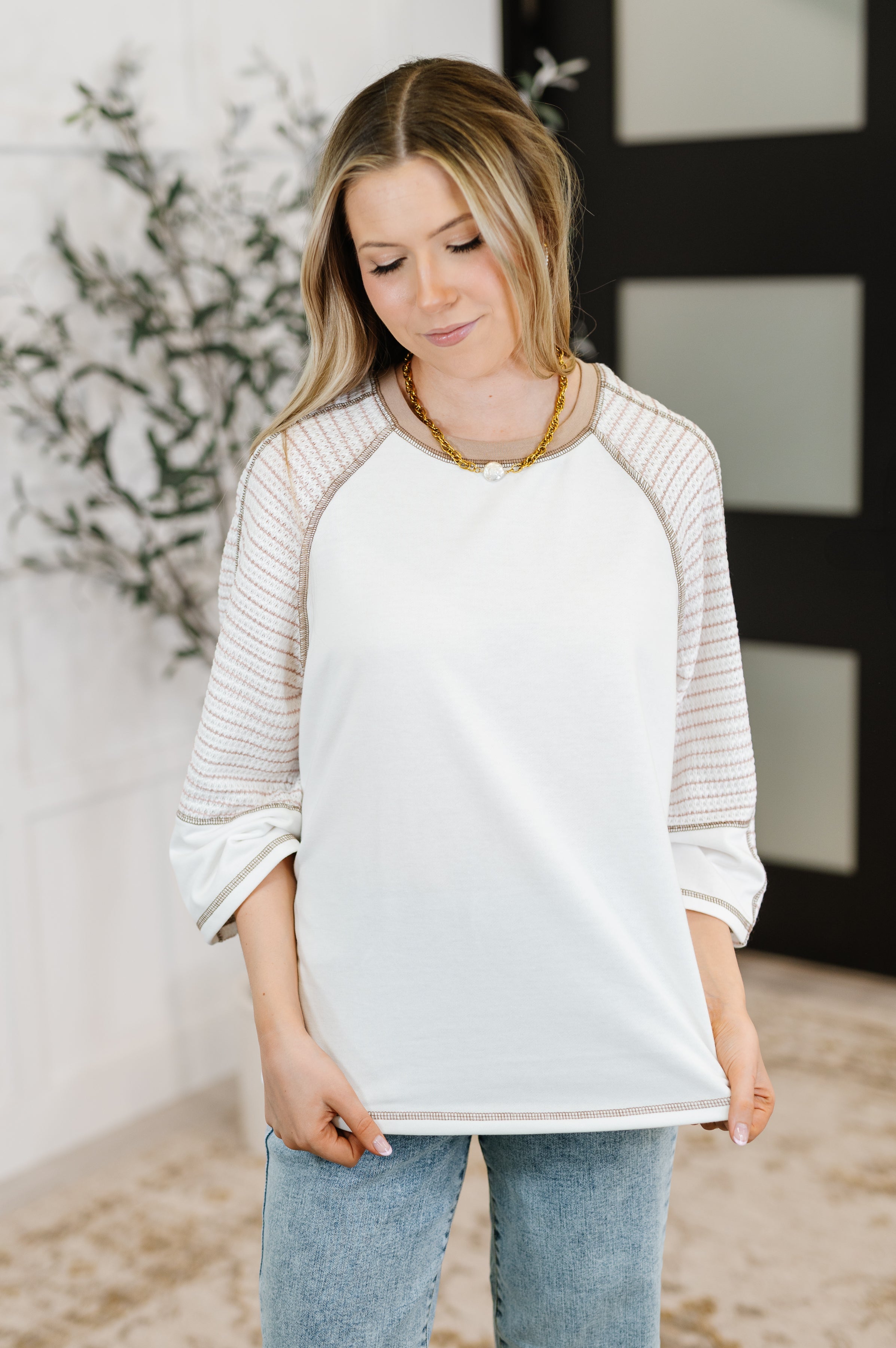 Preoccupied Striped Sleeve Top in Tan-Womens-Stay Foxy Boutique, Florissant, Missouri
