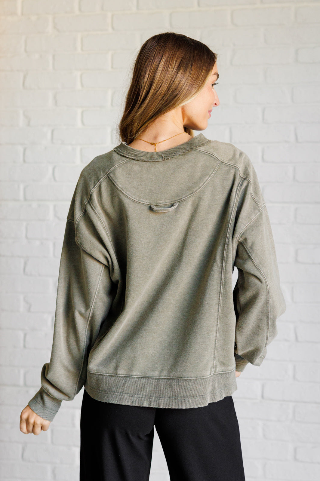Quick Fix Mineral Wash Crew Neck Pullover in Army Green-Tops-Stay Foxy Boutique, Florissant, Missouri