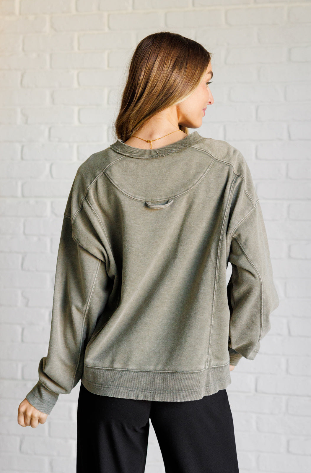 Quick Fix Mineral Wash Crew Neck Pullover in Army Green-Tops-Stay Foxy Boutique, Florissant, Missouri