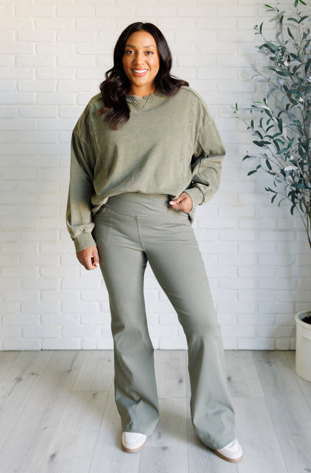 Quick Fix Mineral Wash Crew Neck Pullover in Army Green-Tops-Stay Foxy Boutique, Florissant, Missouri