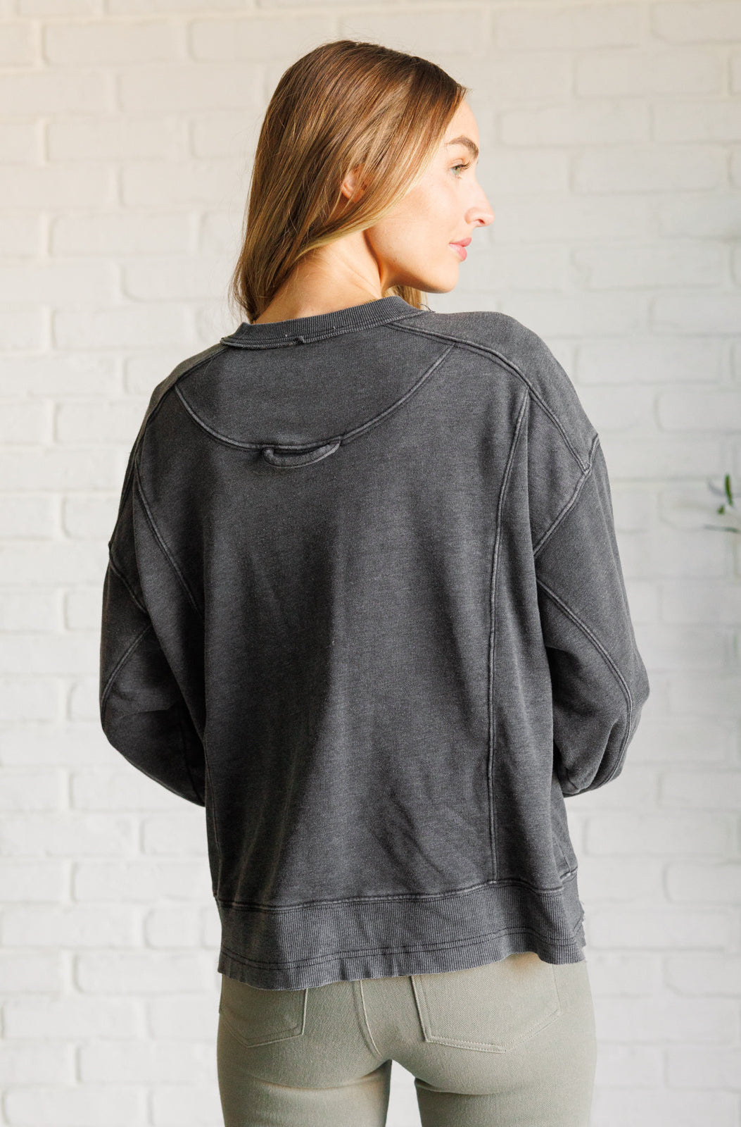 Quick Fix Mineral Wash Crew Neck Pullover in Black-Tops-Stay Foxy Boutique, Florissant, Missouri