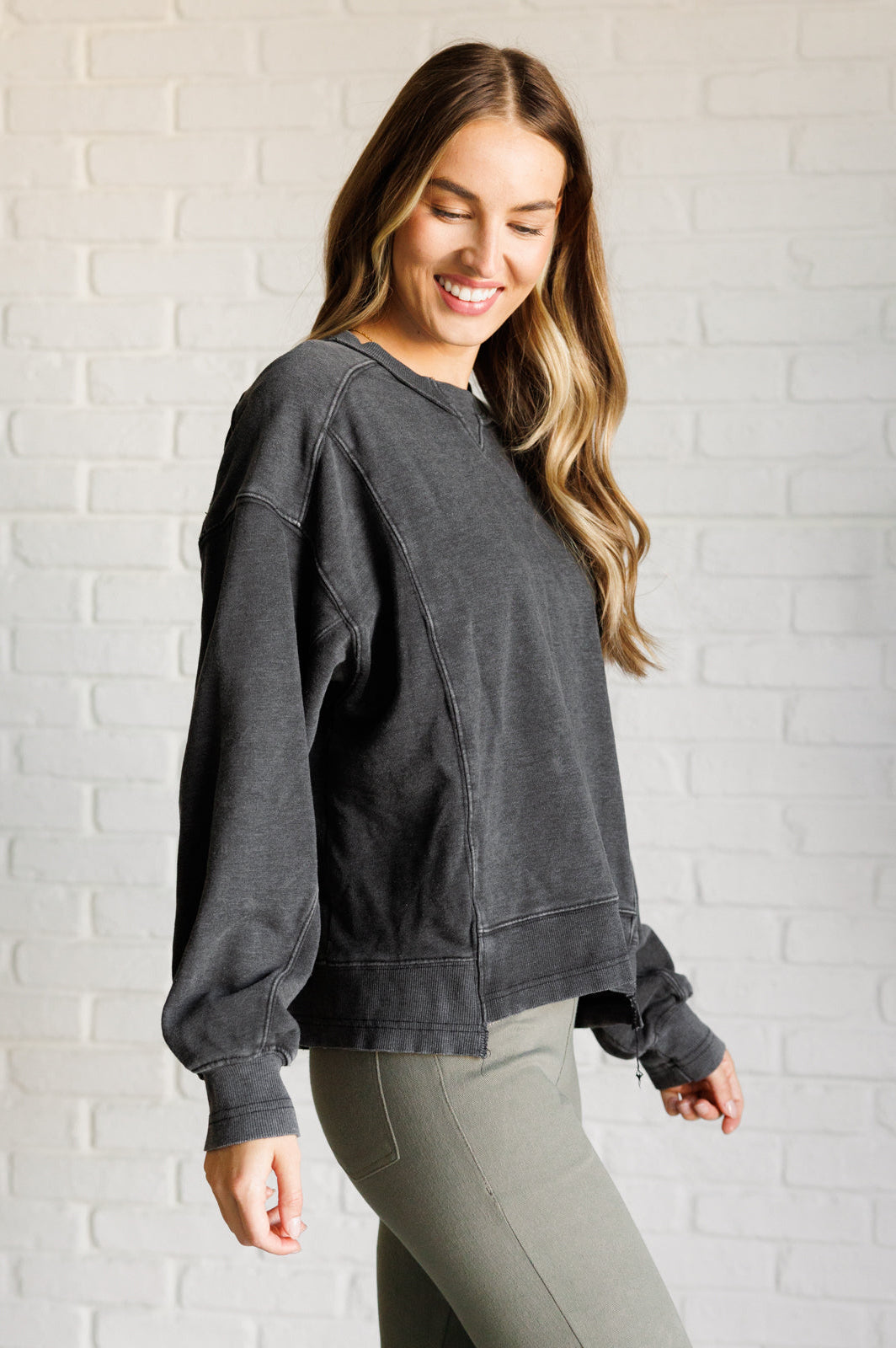 Quick Fix Mineral Wash Crew Neck Pullover in Black-Tops-Stay Foxy Boutique, Florissant, Missouri