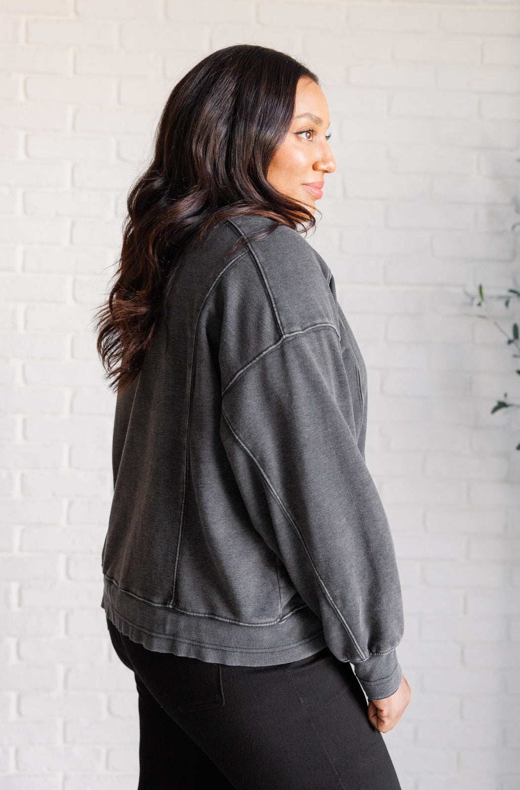 Quick Fix Mineral Wash Crew Neck Pullover in Black-Tops-Stay Foxy Boutique, Florissant, Missouri