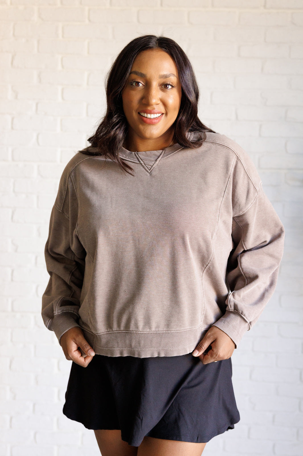 Quick Fix Mineral Wash Crew Neck Pullover in Mocha-Tops-Stay Foxy Boutique, Florissant, Missouri