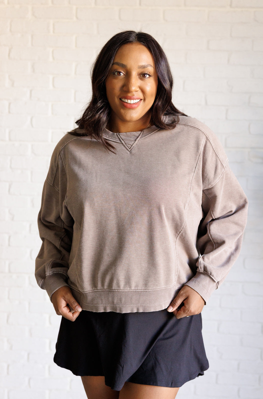 Quick Fix Mineral Wash Crew Neck Pullover in Mocha-Tops-Stay Foxy Boutique, Florissant, Missouri