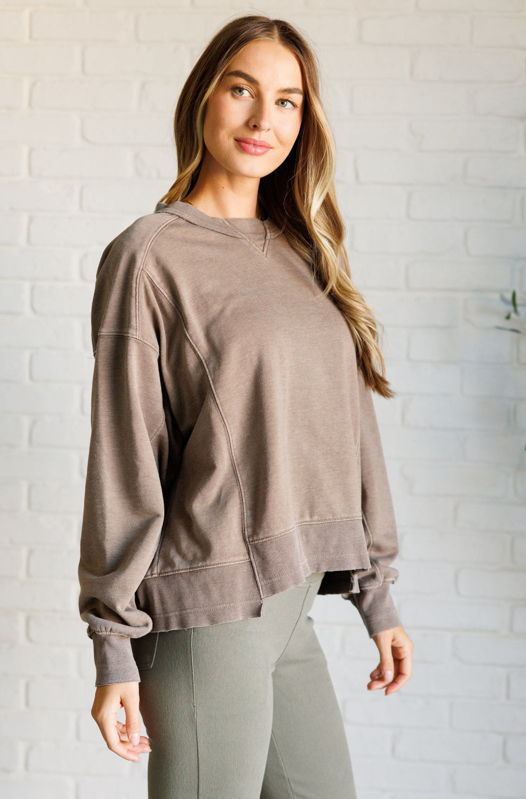 Quick Fix Mineral Wash Crew Neck Pullover in Mocha-Tops-Stay Foxy Boutique, Florissant, Missouri