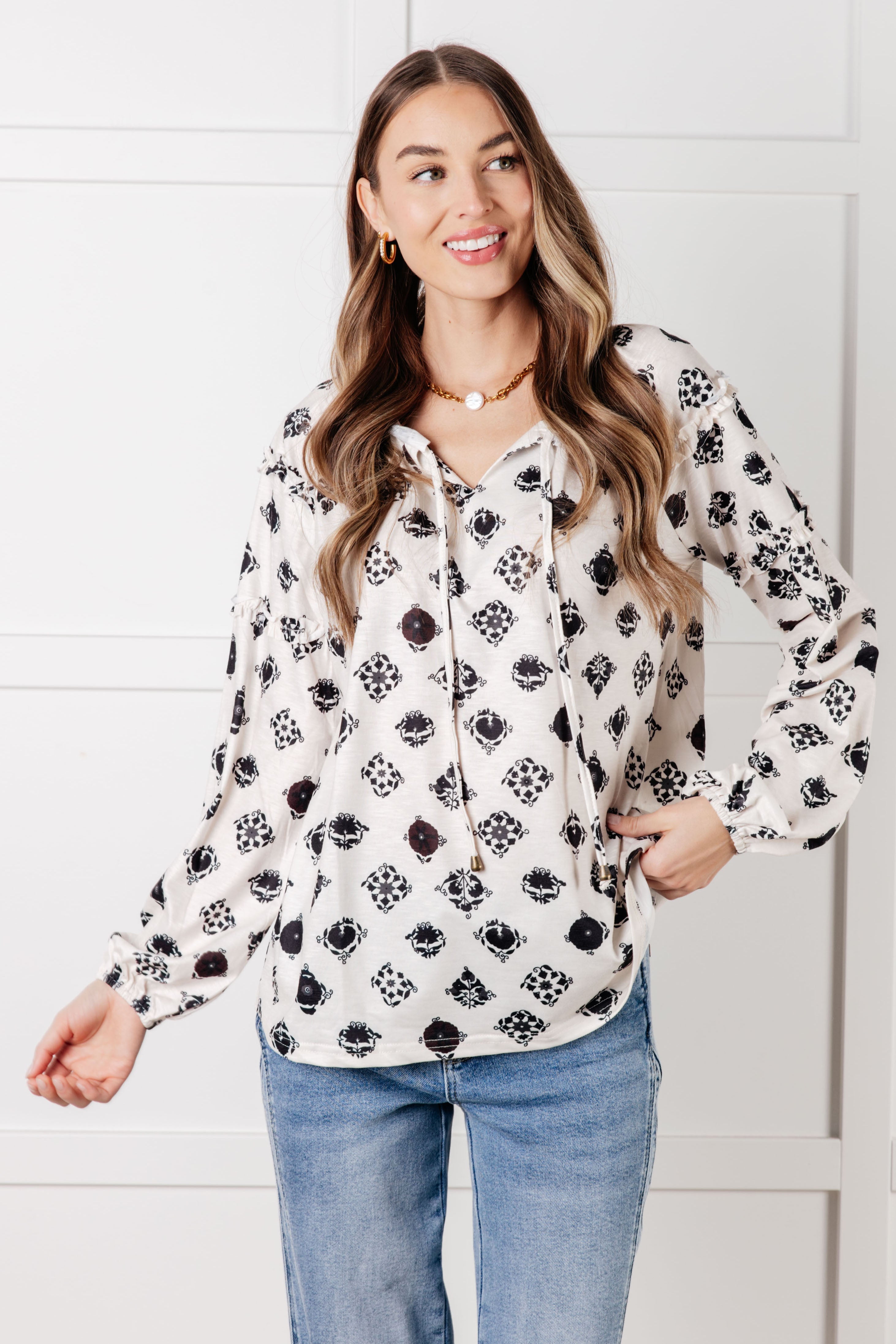 Quick Follow Up Floral Tile Blouse-Blouses-Stay Foxy Boutique, Florissant, Missouri