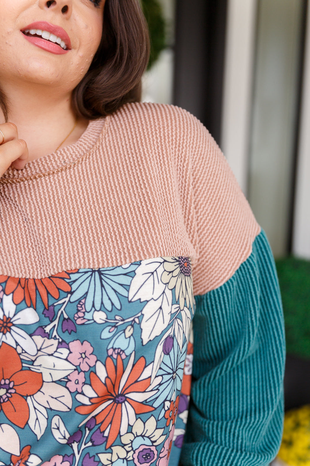 Retro and Ribbed Floral Color Block Top-Tops-Stay Foxy Boutique, Florissant, Missouri