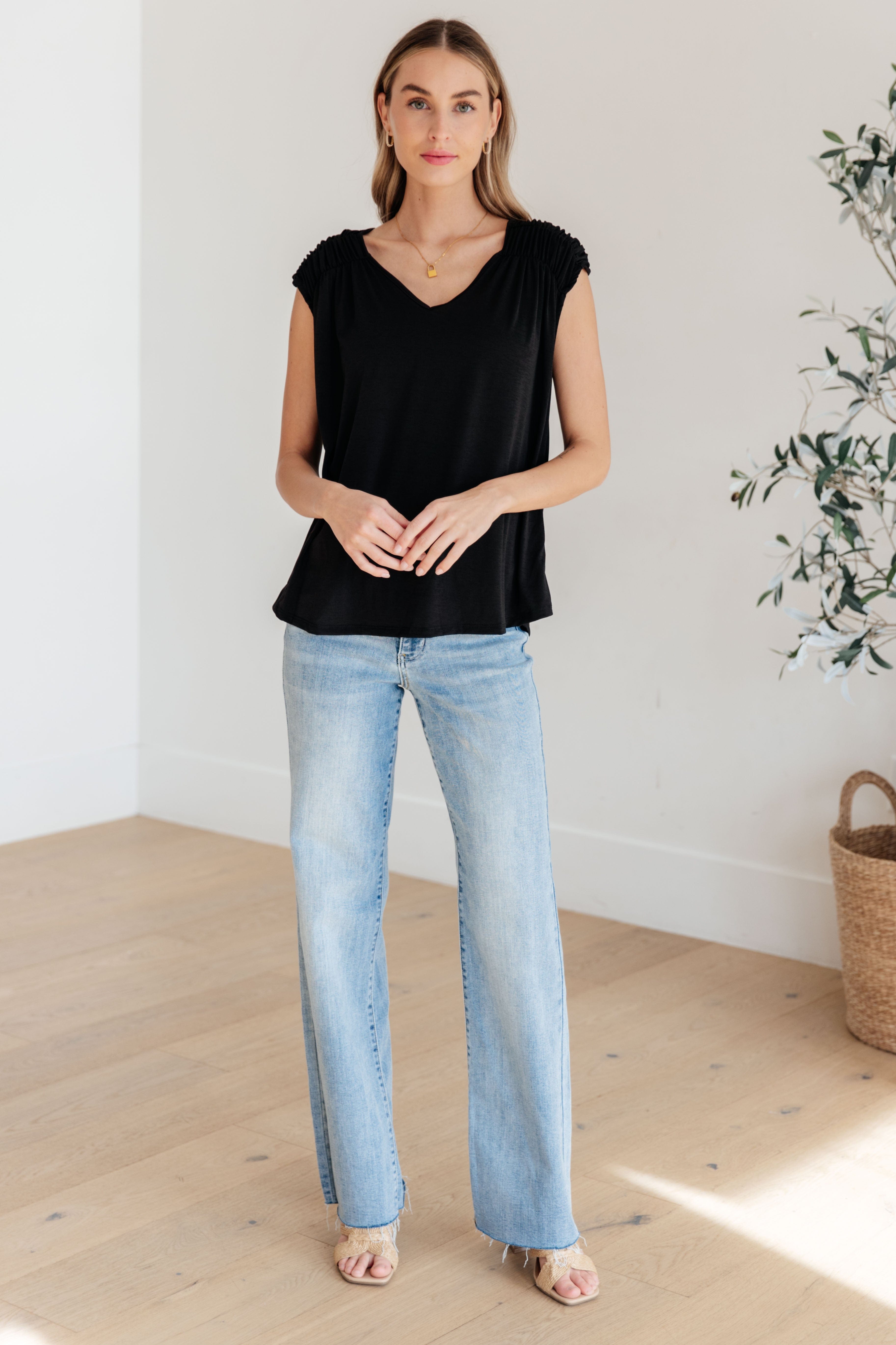 Ruched Cap Sleeve Top in Black-Womens-Stay Foxy Boutique, Florissant, Missouri