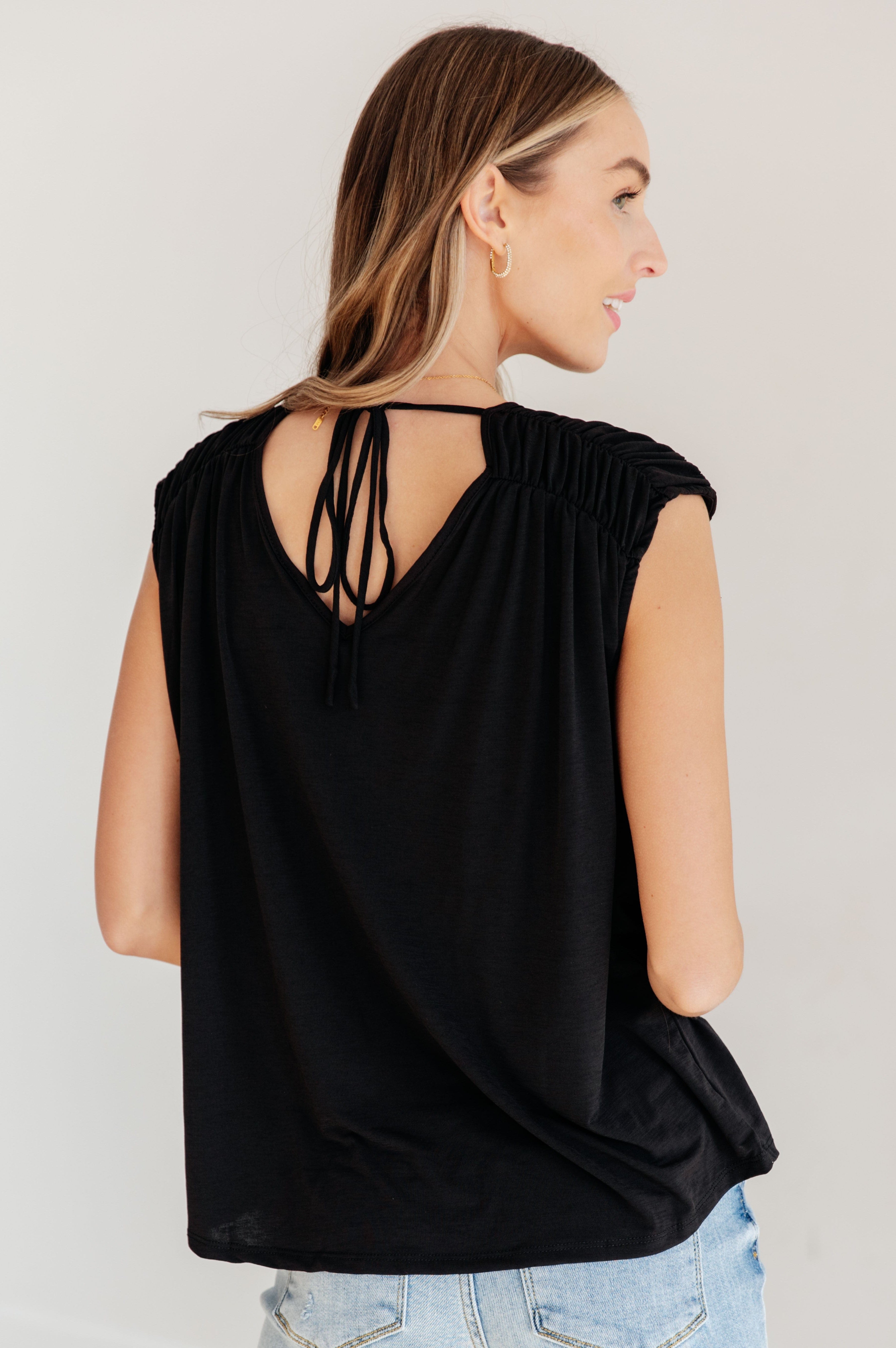 Ruched Cap Sleeve Top in Black-Womens-Stay Foxy Boutique, Florissant, Missouri